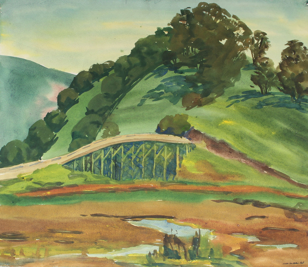 Mid Century Watercolor Hillside Scene&lt;br&gt;&lt;br&gt;#88057