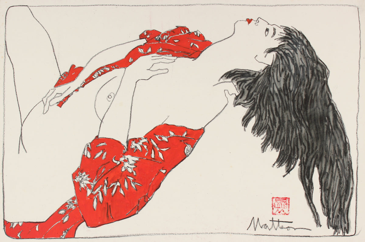 Nude Model in Red Japanese Robe&lt;br&gt;20th Century Gouache and Charcoal &lt;br&gt;&lt;br&gt;#88716