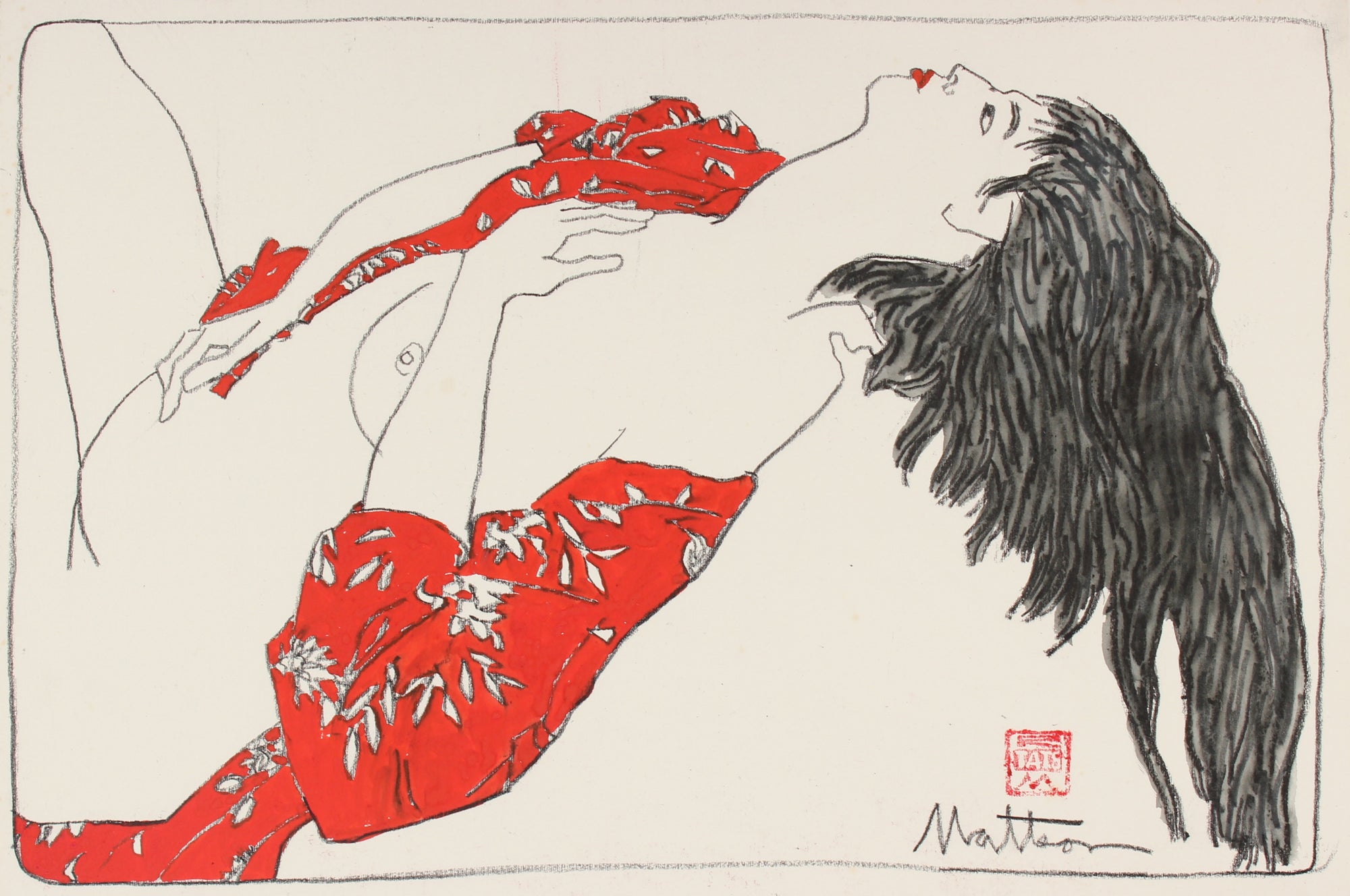 Nude Model in Red Japanese Robe<br>20th Century Gouache and Charcoal <br><br>#88716