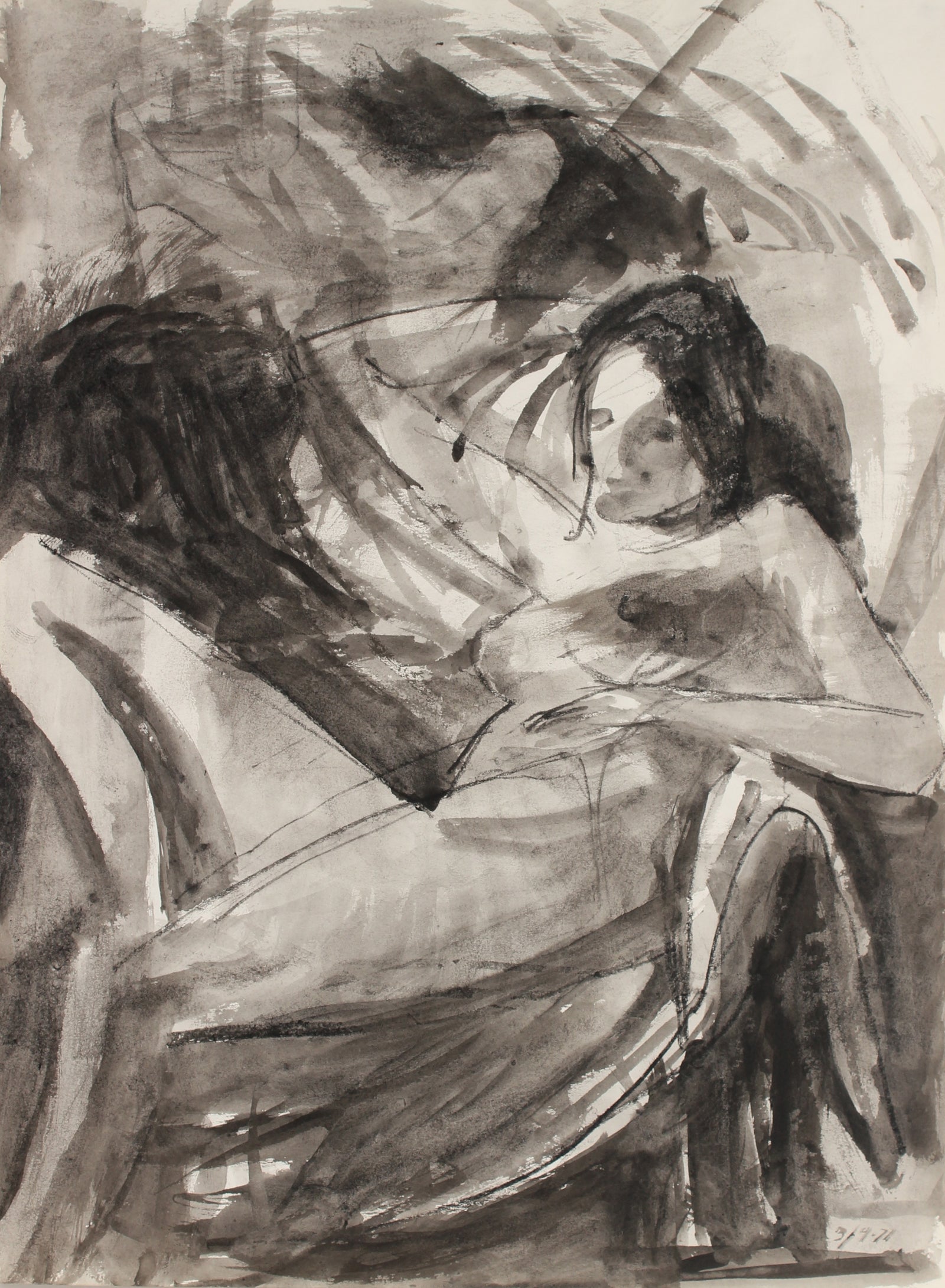 Modernist Seated Female Nude Model <br>1971 Charcoal and Ink <br><br>#88917