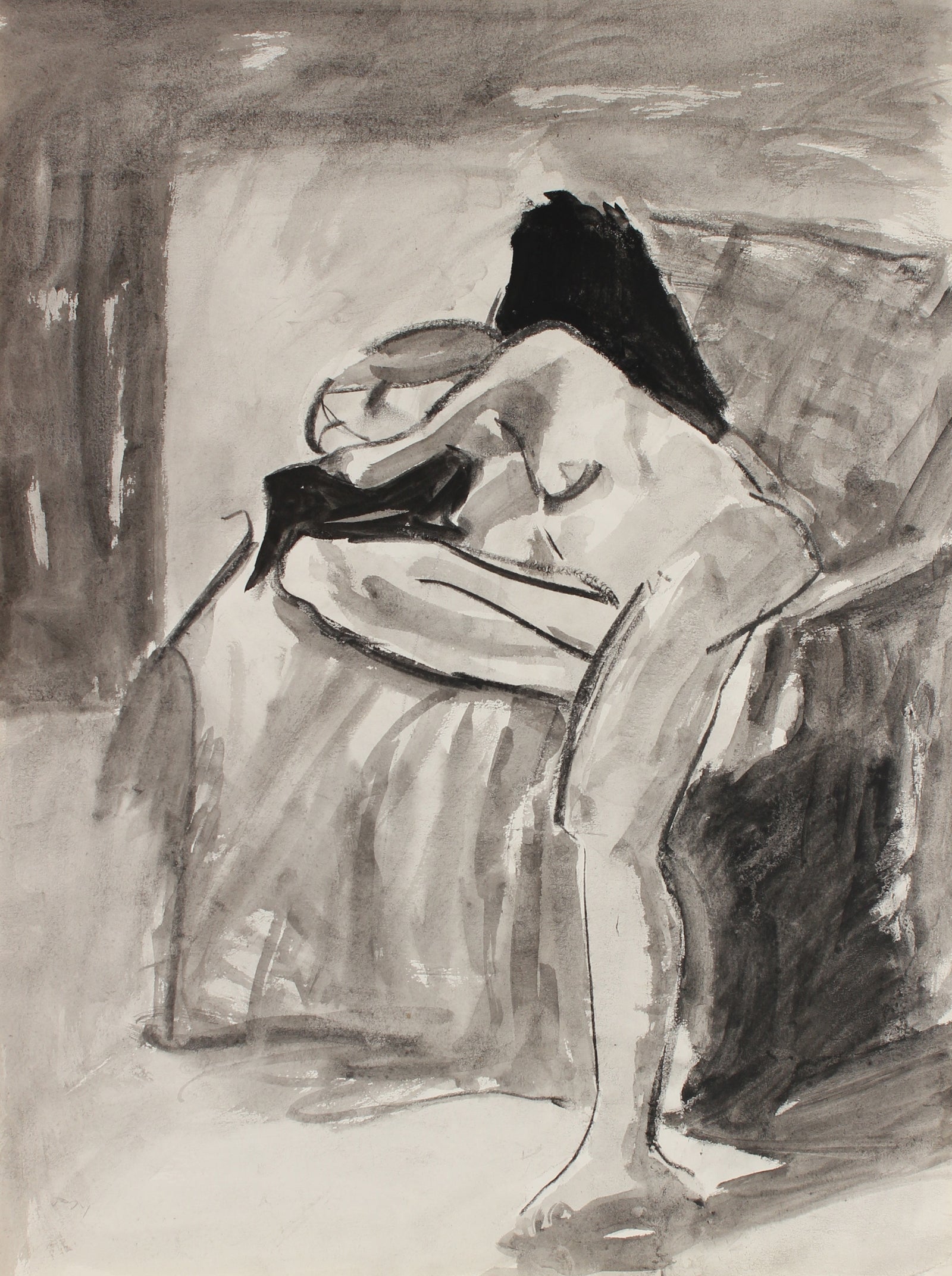 Modernist Seated Female Nude Model <br>1971 Charcoal and Ink <br><br>#88918