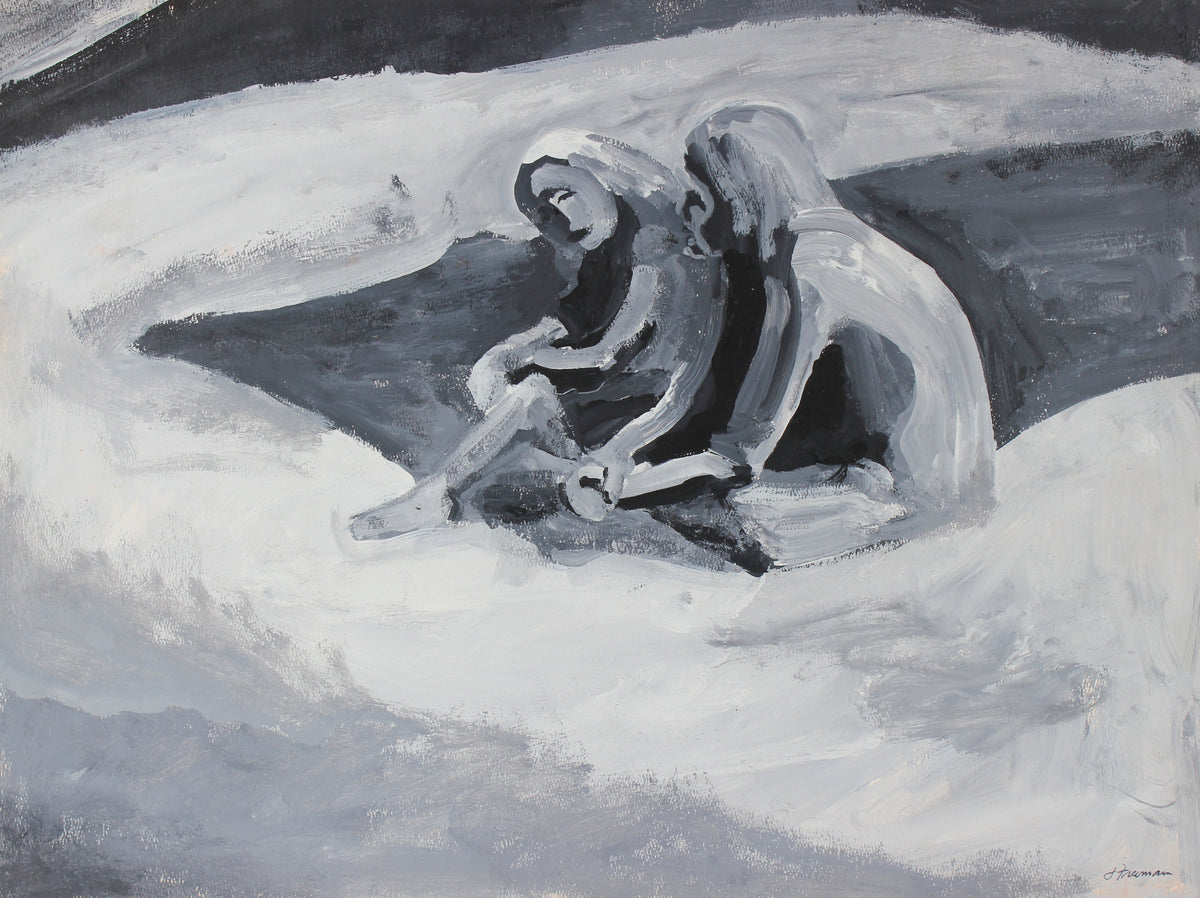 Abstracted Figures Sitting on Grass <br>Mid Century Acrylic <br><br>#88938