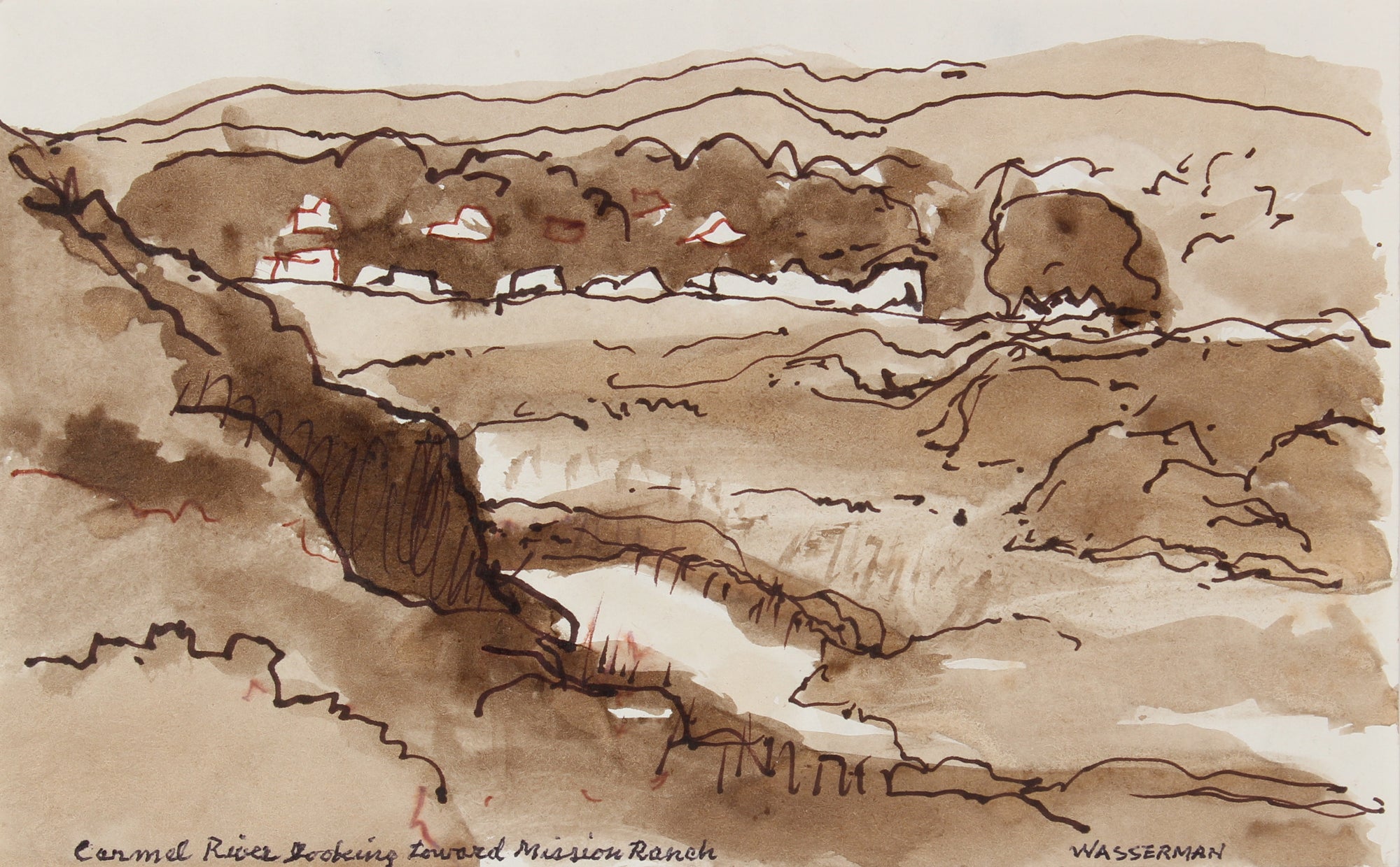 <I>Carmel River Looking Toward Mission Ranch</I> <br>Mid-Late 20th Century Ink and Watercolor <br><br>#89496