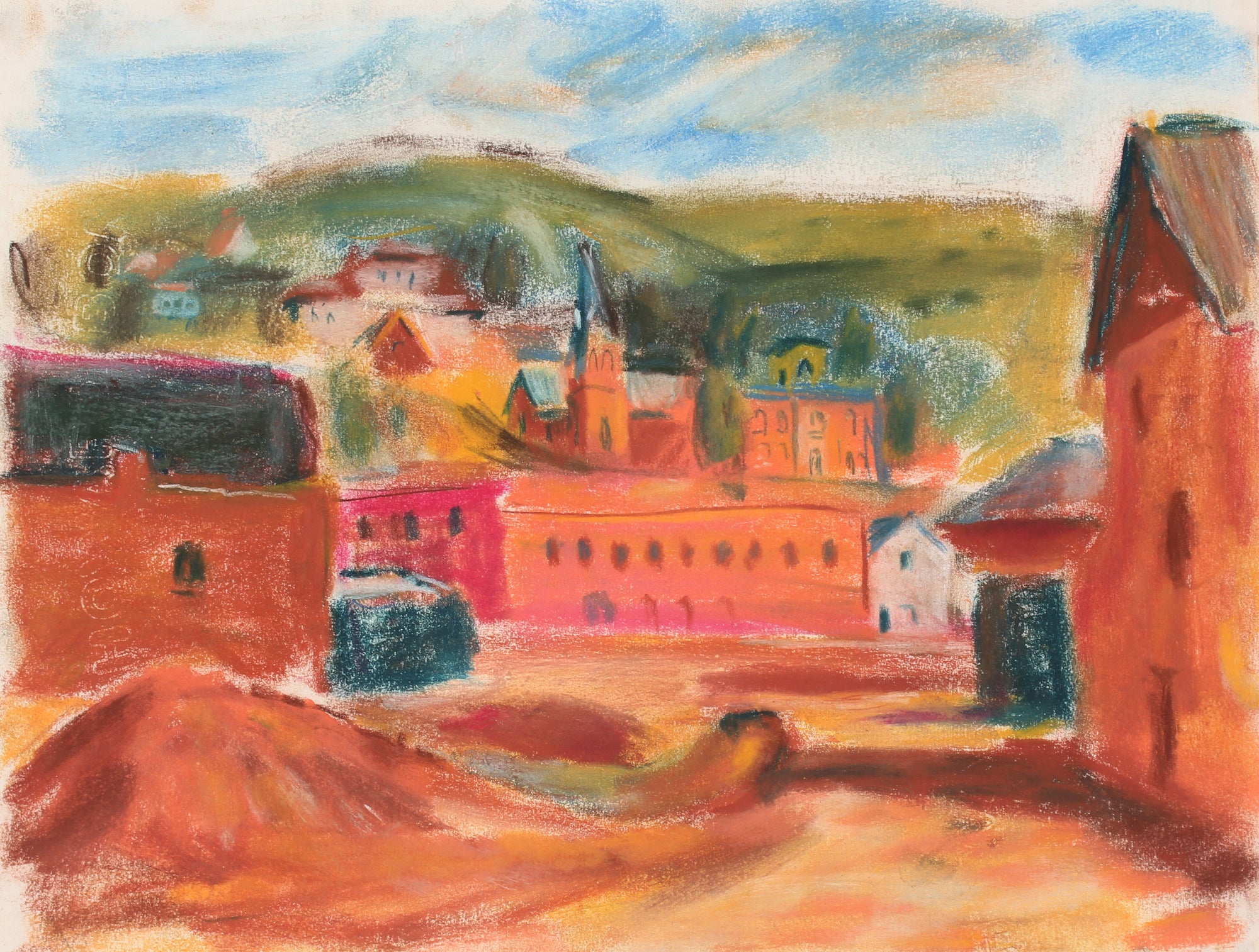 Abstracted European Village Scene <br>Mid-Late 20th Century Pastel Painting <br><br>#89506