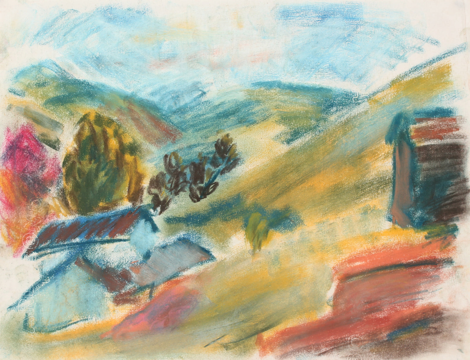 Abstracted Mountain Landscape <br>Mid-Late 20th Century Pastel Painting <br><br>#89507