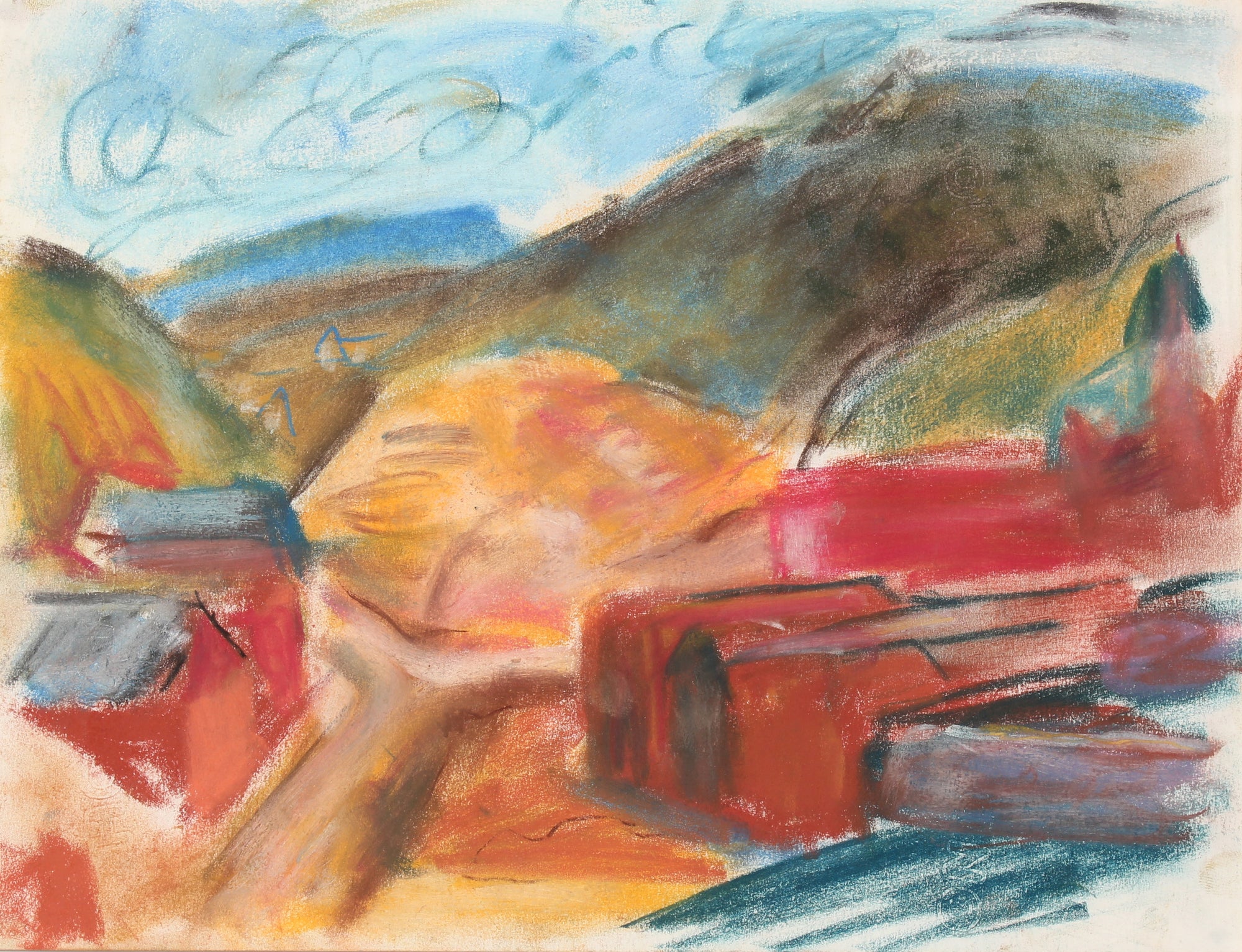 Abstracted Mountain Landscape <br>Mid-Late 20th Century Pastel Painting <br><br>#89508