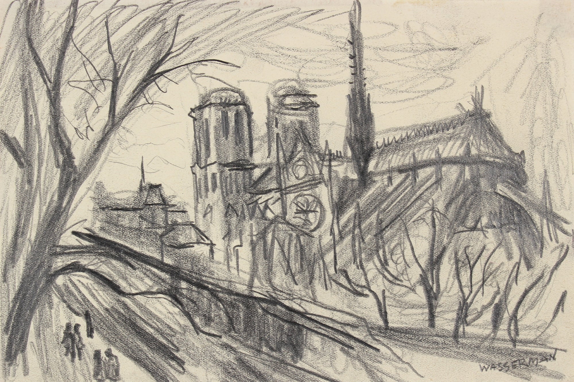 Monochromatic Parisian Cityscape Drawing <br>Mid-Late 20th Century Graphite on Paper <br><br>#89513