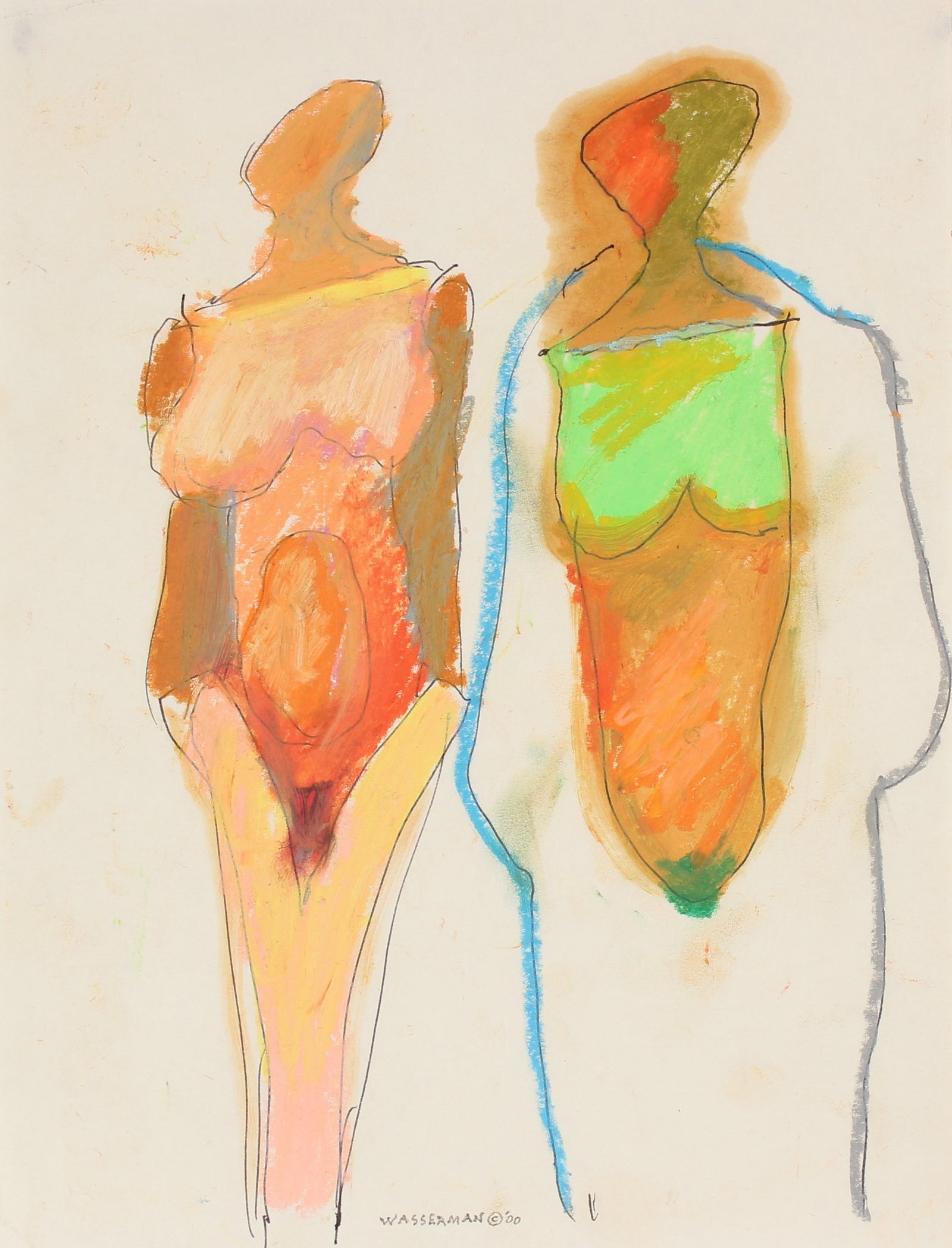 Colorful Abstracted Figures <br> Circa 2000 Pastel and Ink<br><br>#89517