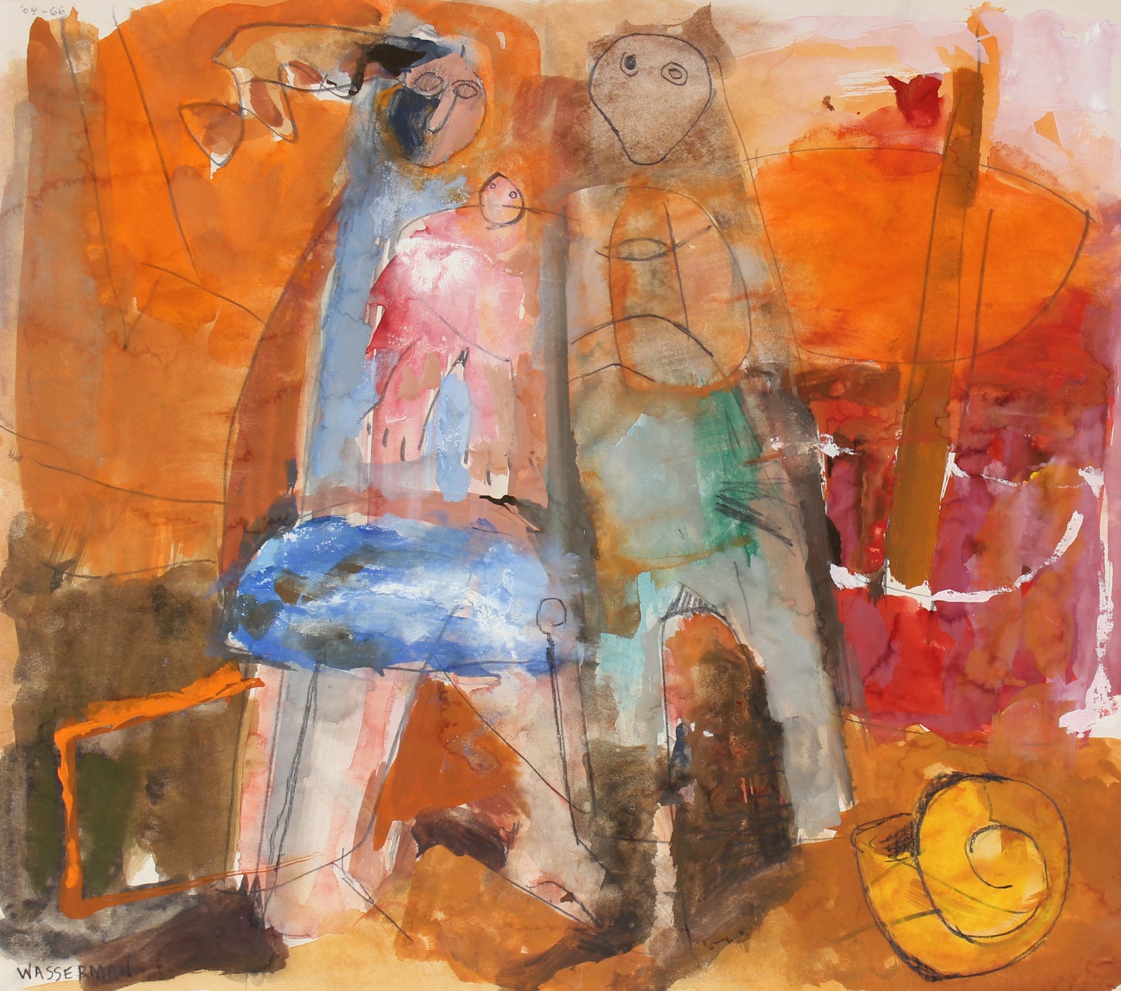 Warm Abstract Figurative Scene <br>20th Century Gouache and Graphite <br><br>#89527