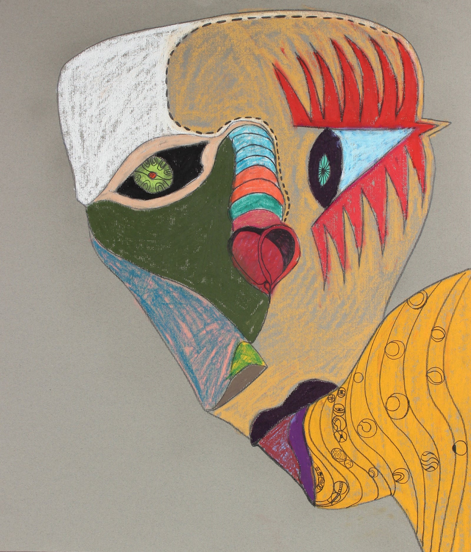Colorful Surreal Abstract Face <br>1970s Oil Pastel & Graphite <br><br>#89576