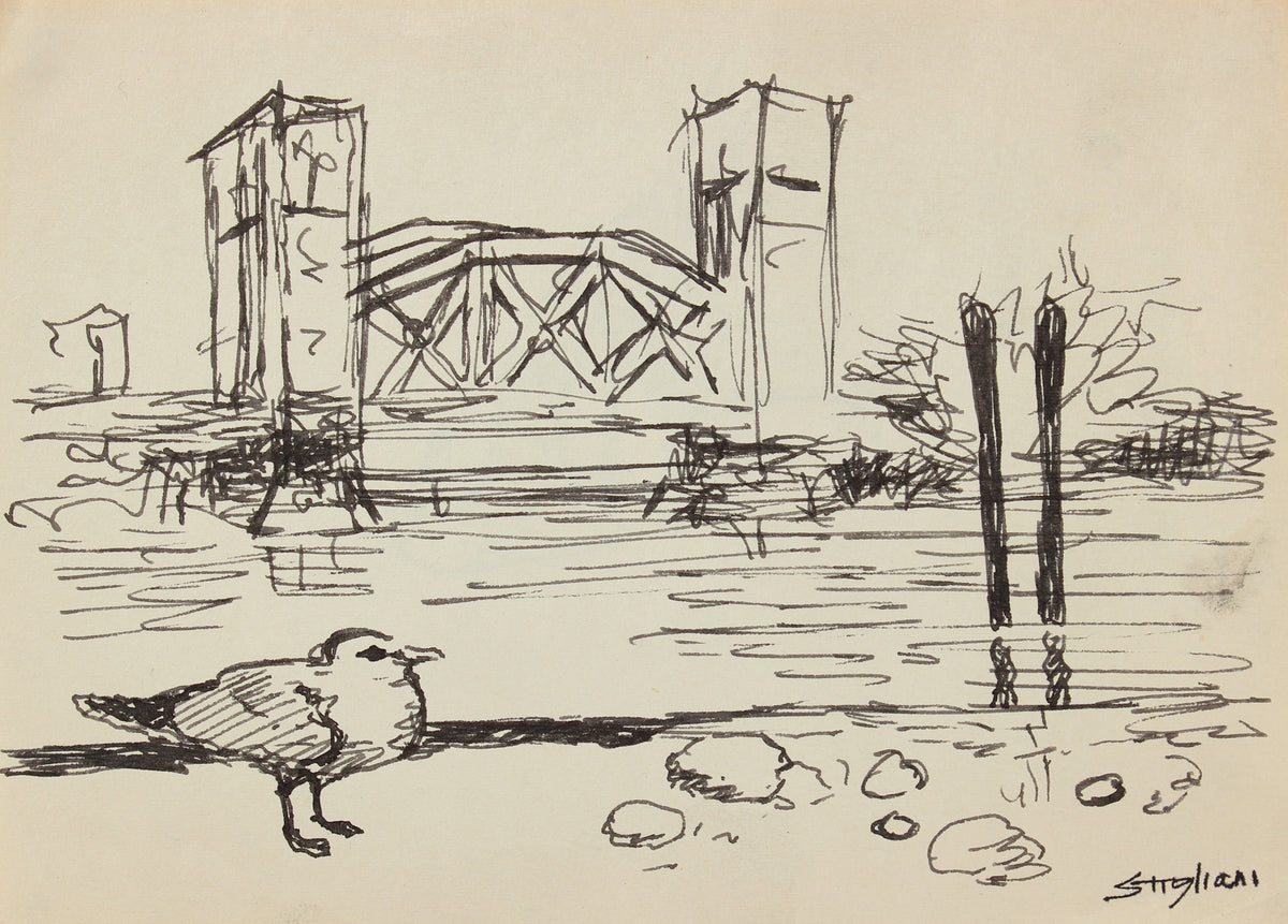 Seascape with Bridge and Seagull &lt;br&gt;Mid-Late 20th Century &lt;br&gt;&lt;br&gt;#90491