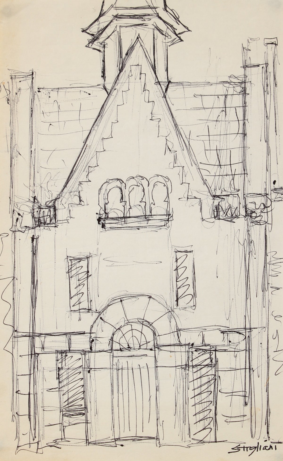 Minimalist Church Drawing &lt;br&gt;Mid-Late 20th Century &lt;br&gt;&lt;br&gt;#90492