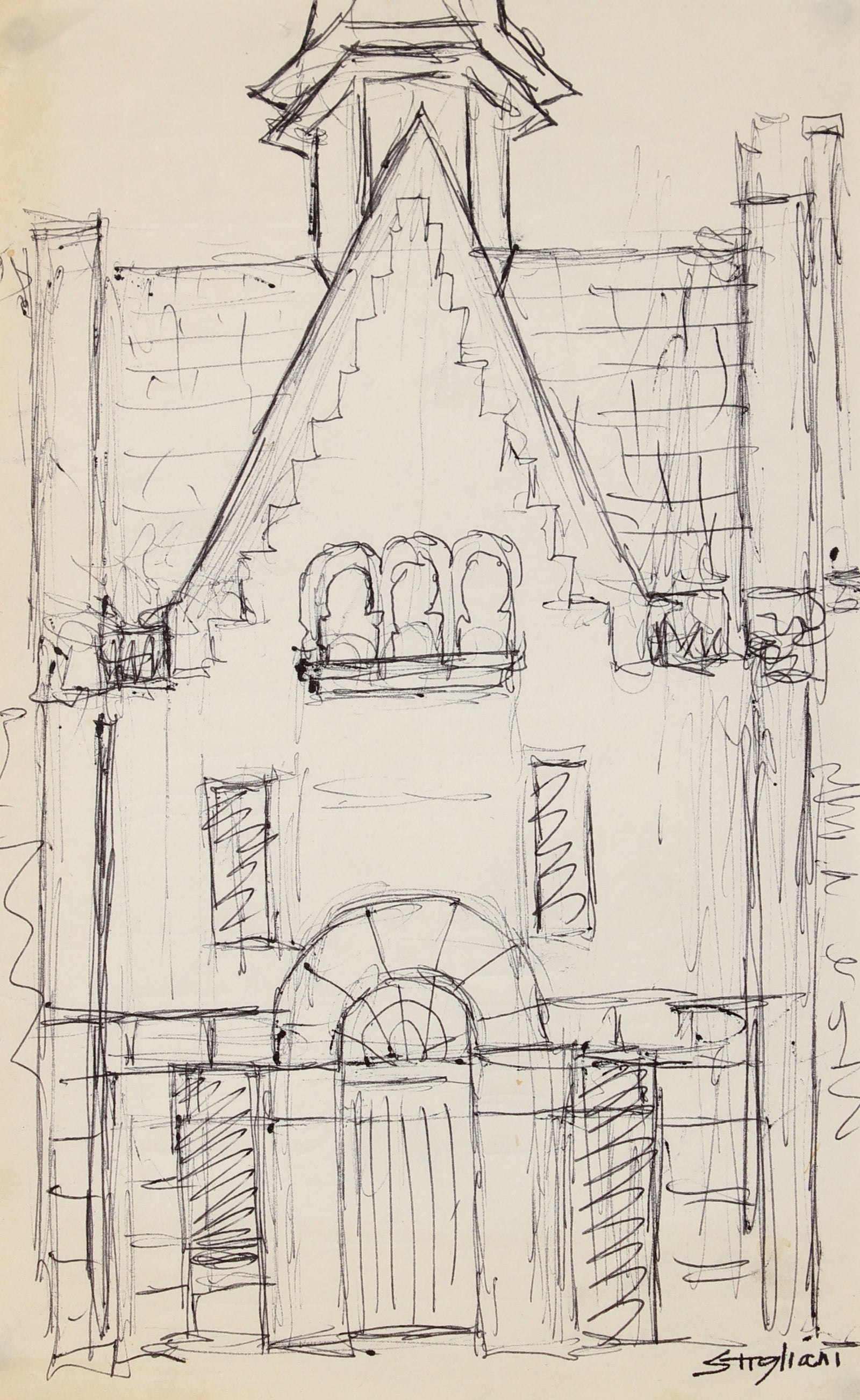 Minimalist Church Drawing <br>Mid-Late 20th Century <br><br>#90492