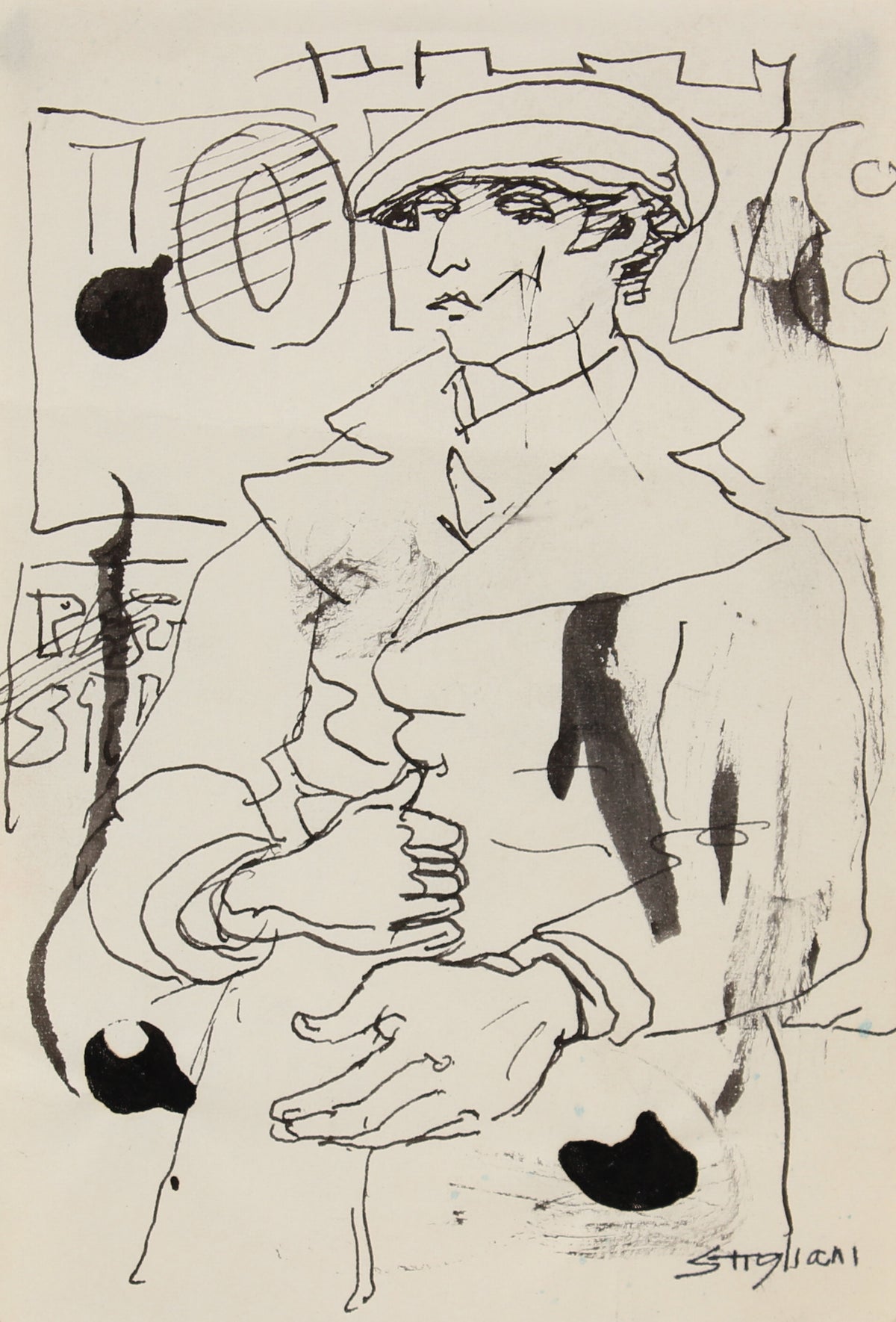 Modernist Sketch of a Man in a Trenchcoat&lt;br&gt;20th Century Ink&lt;br&gt;&lt;br&gt;#90606