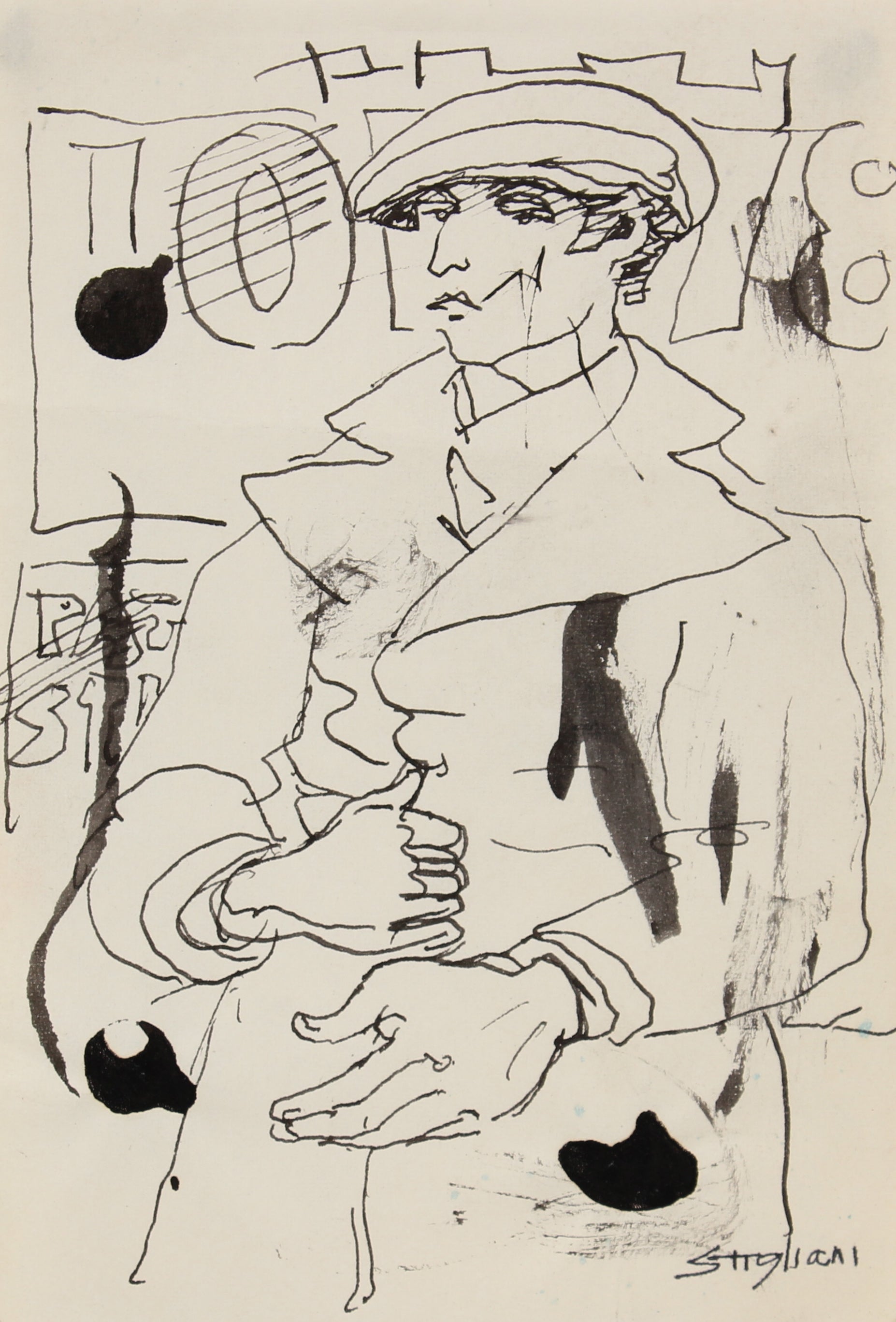 Modernist Sketch of a Man in a Trenchcoat<br>20th Century Ink<br><br>#90606