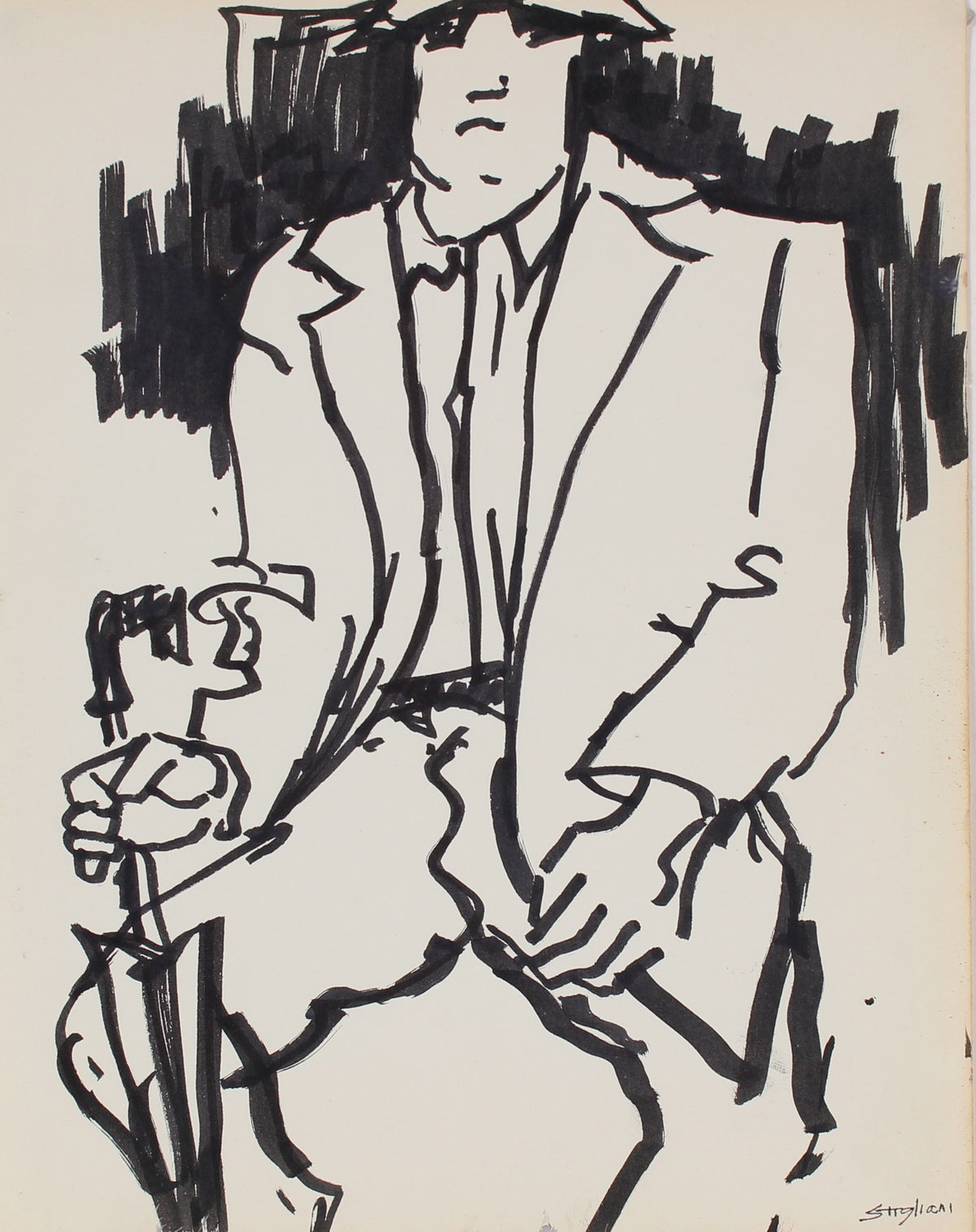 Modernist Man with Umbrella&lt;br&gt;Mid-Late 20th Century Ink&lt;br&gt;&lt;br&gt;#90731