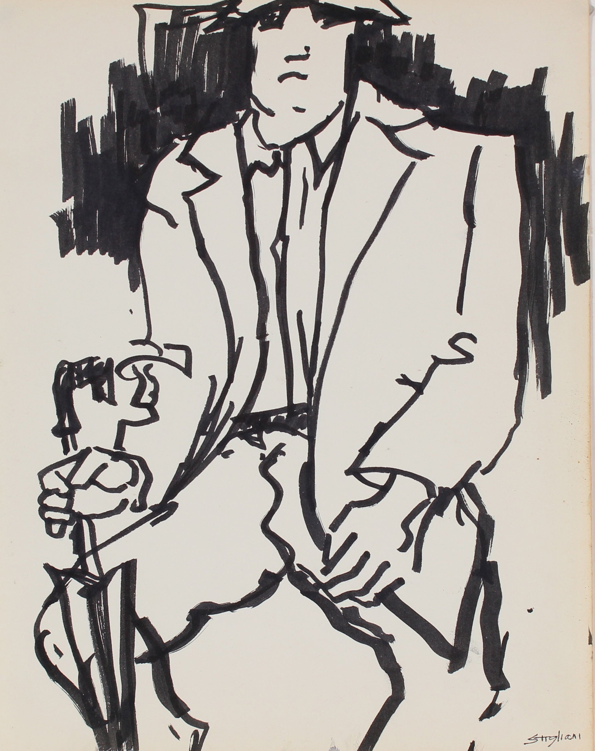 Modernist Man with Umbrella<br>Mid-Late 20th Century Ink<br><br>#90731
