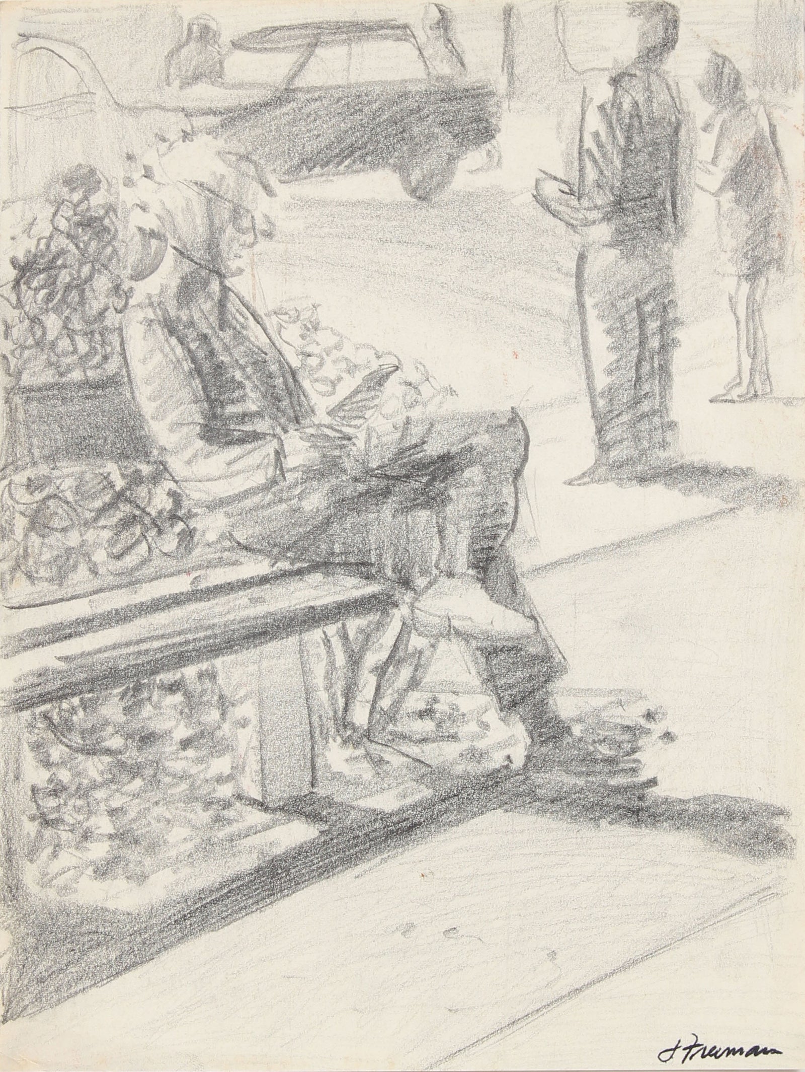 Men Relaxing On Park Bench <br>20th Century Graphite <br><br>#91467