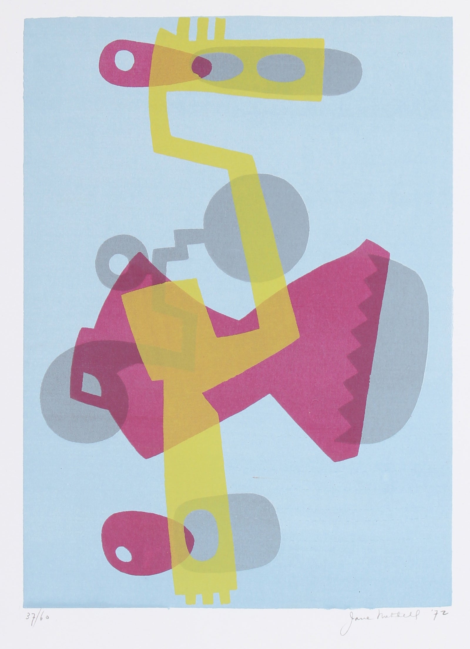 Complementary Pink & Yellow Mechanical Abstract <br>1972 Serigraph <br><br>#91501