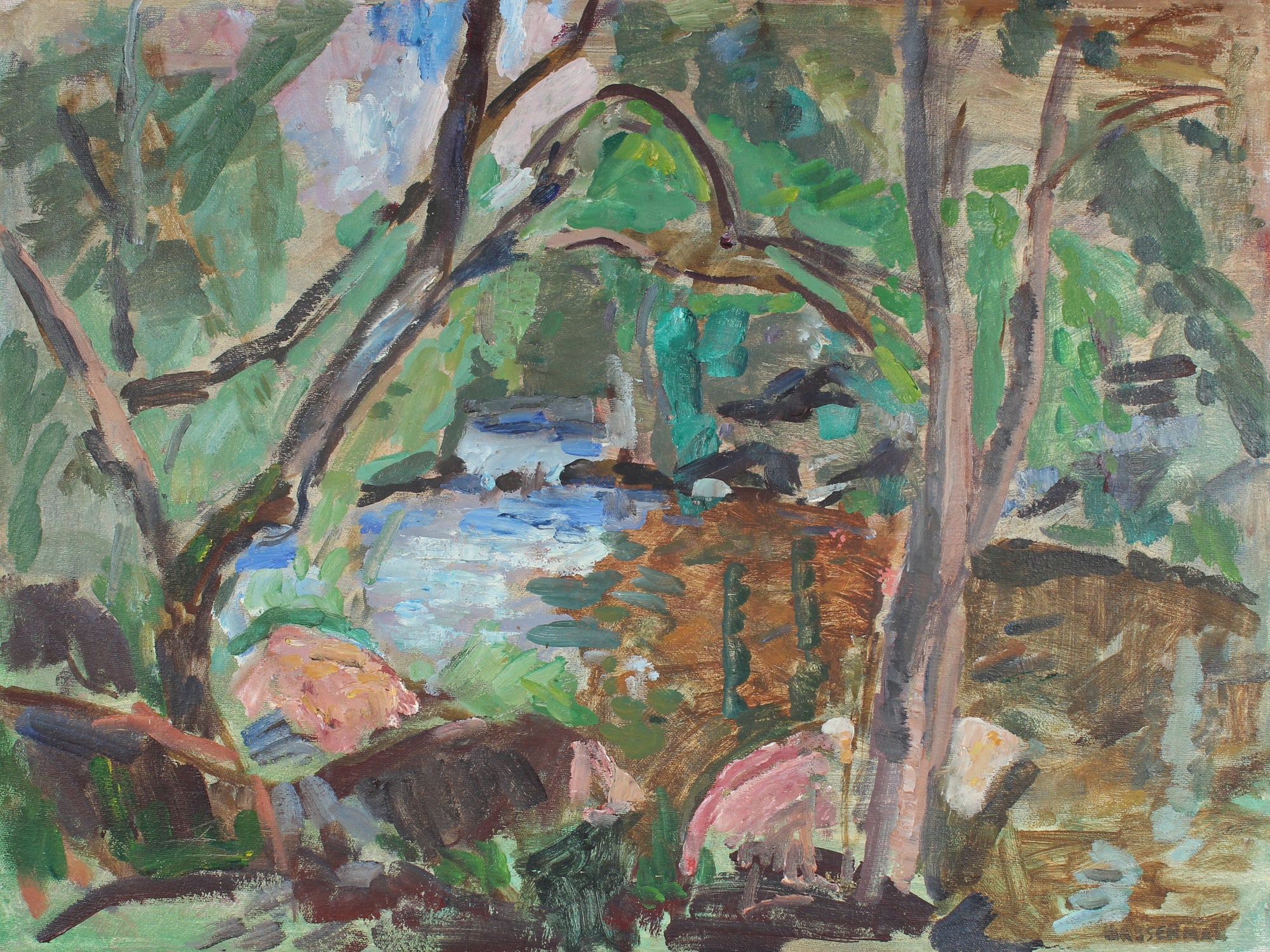 Abstract Expressionist Forest Lake Scene <br>20th Century Oil <br><br>#91553
