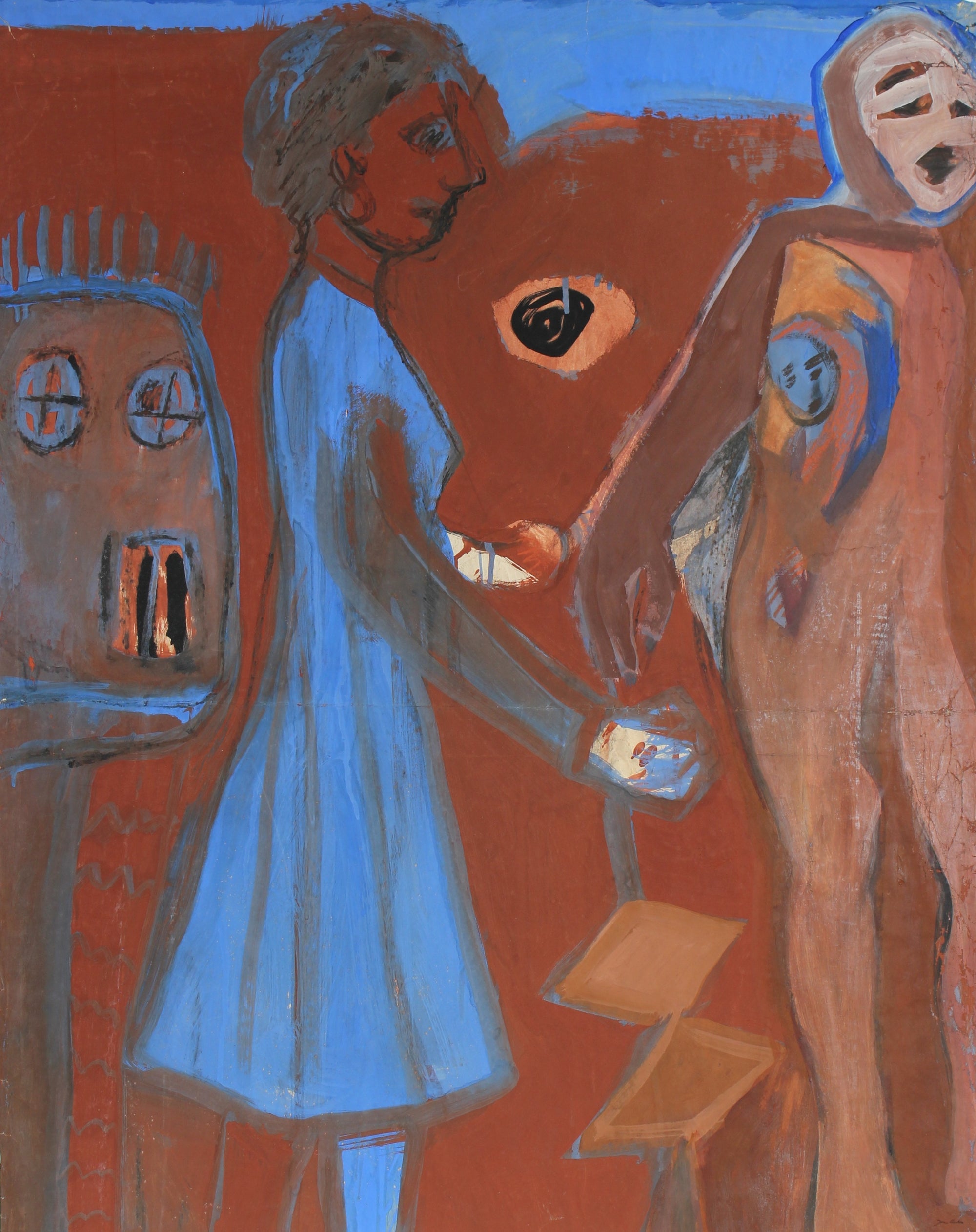 Expressionist Gouache Figures in Rust & Blue<br>Mid-Late 20th Century<br><br>#92531