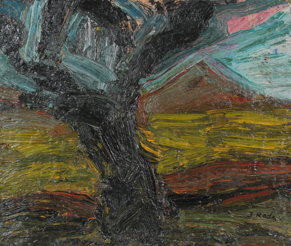 Expressionist Tree &amp; Mountain in Oil &amp; Beeswax&lt;br&gt;Mid-Late 20th Century&lt;br&gt;&lt;br&gt;#92536