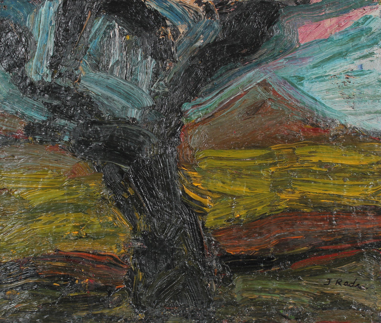 Expressionist Tree & Mountain in Oil & Beeswax<br>Mid-Late 20th Century<br><br>#92536