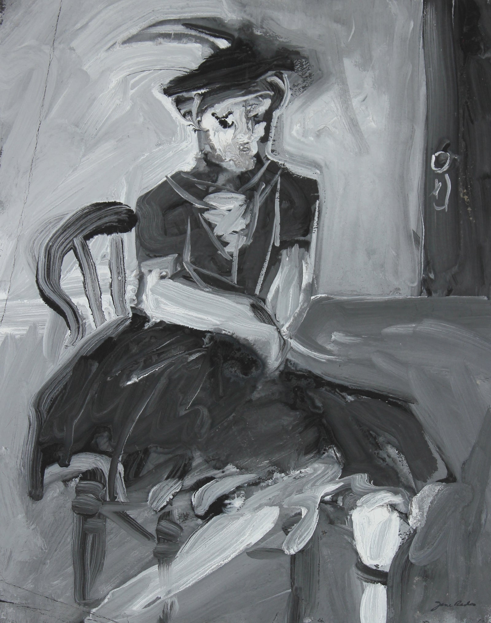 Monochromatic Expressionist Acrylic Seated Figure<br>Mid-Late Century<br><br>#92542