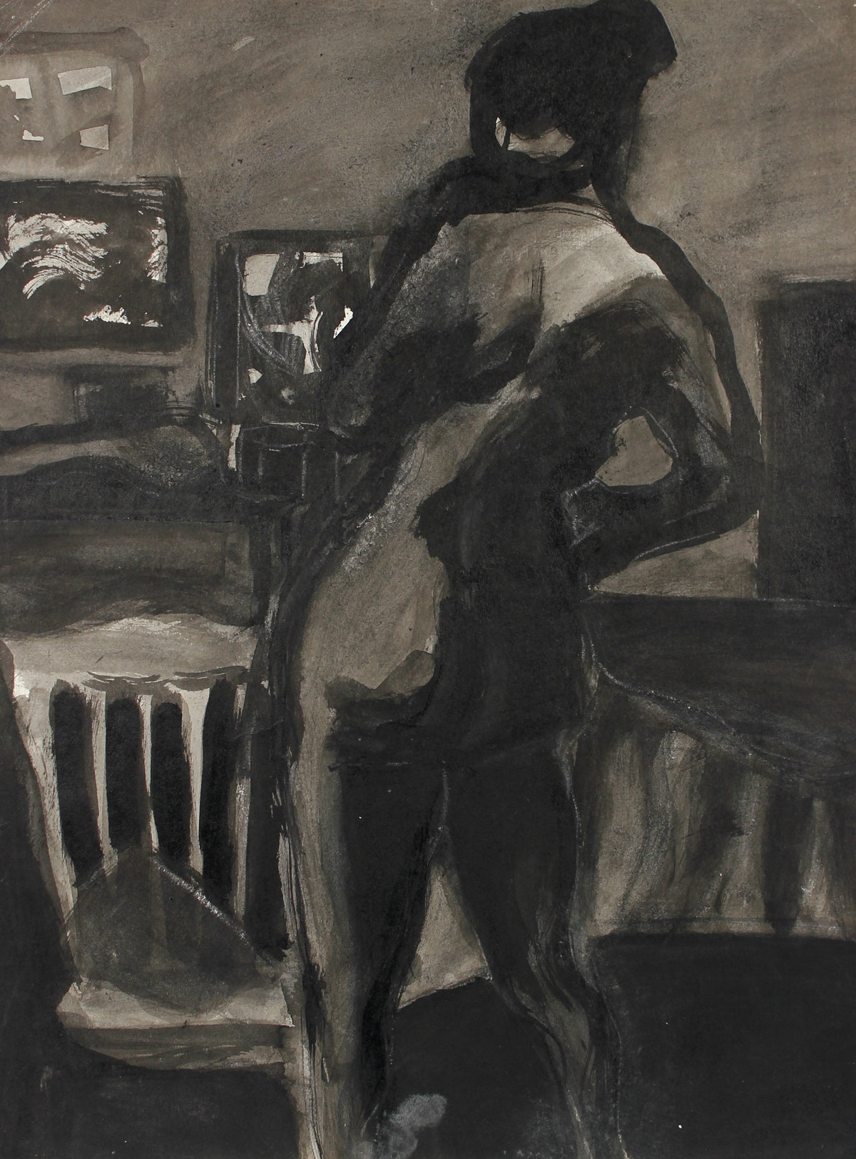 Moody Standing Ink Nude with Chair&lt;br&gt;Mid-Late 20th Century&lt;br&gt;&lt;br&gt;#92556