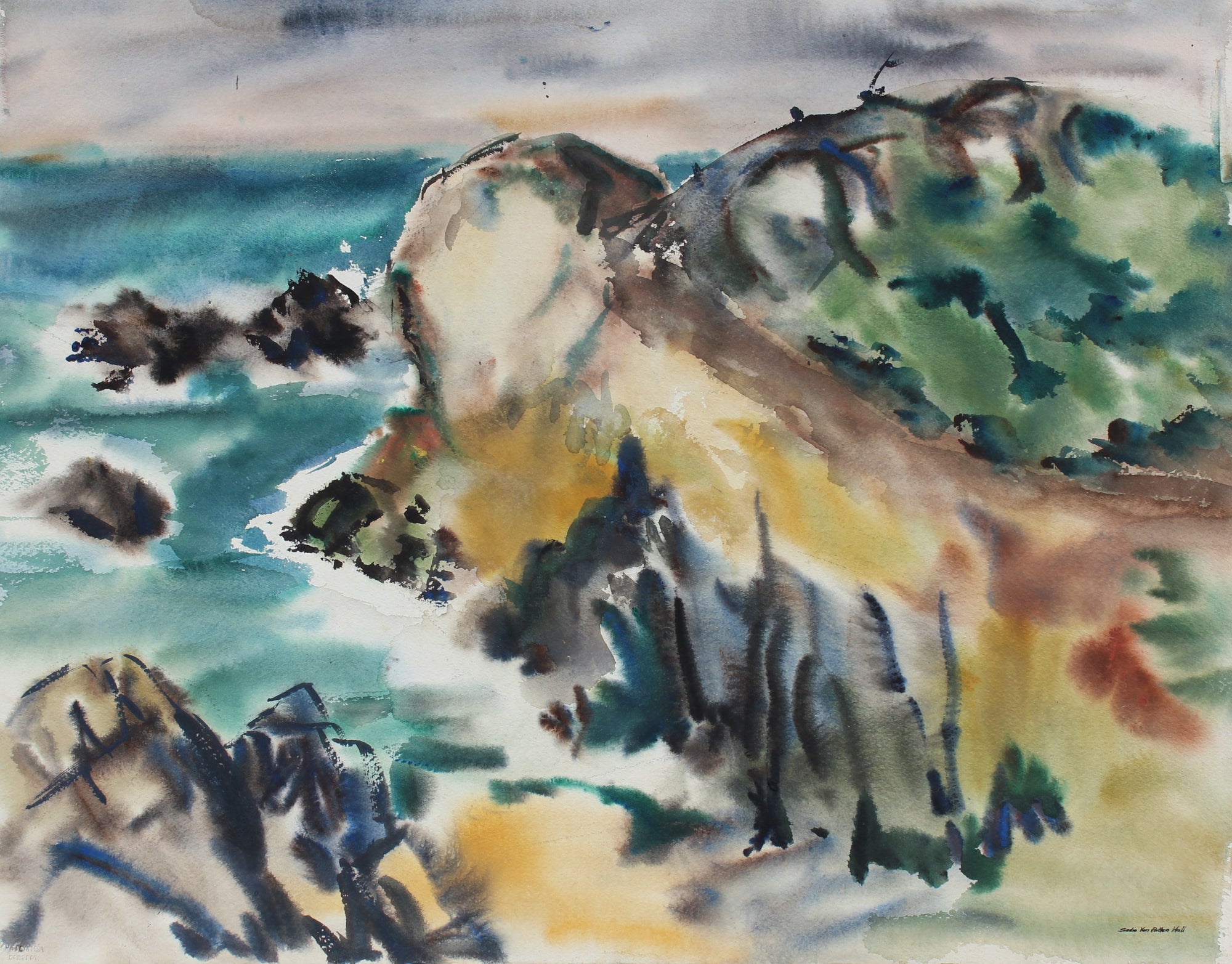 1960s Watercolor Coastal Sceasacpe <br><br>#92587