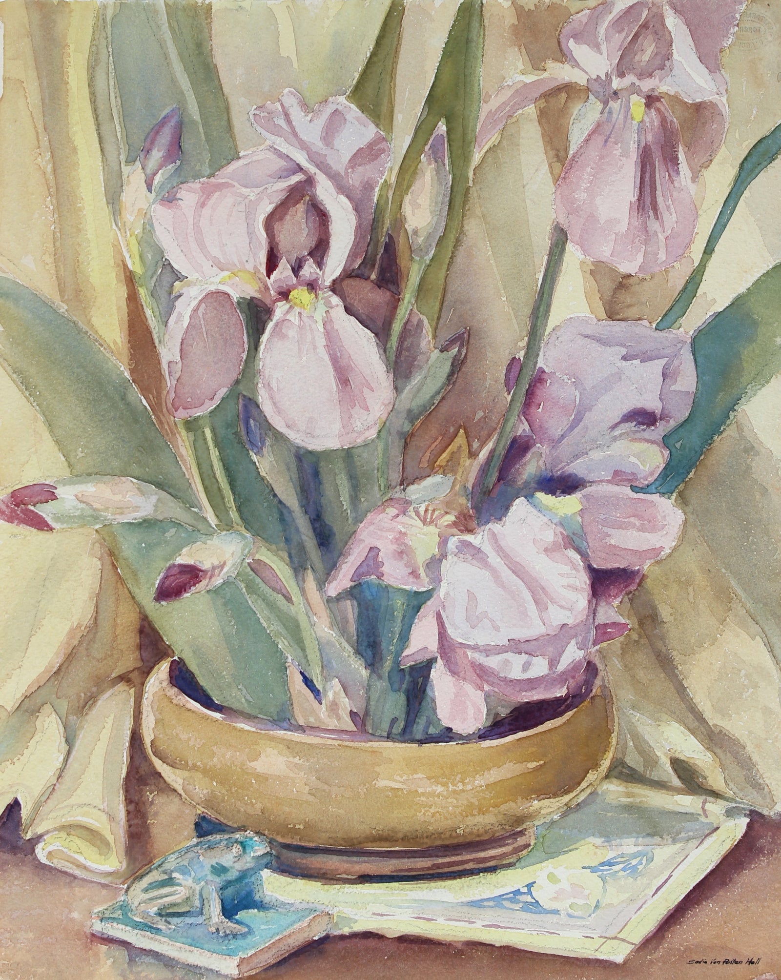 1960s Watercolor Still Life with Iris & Frog<br><br>#92588