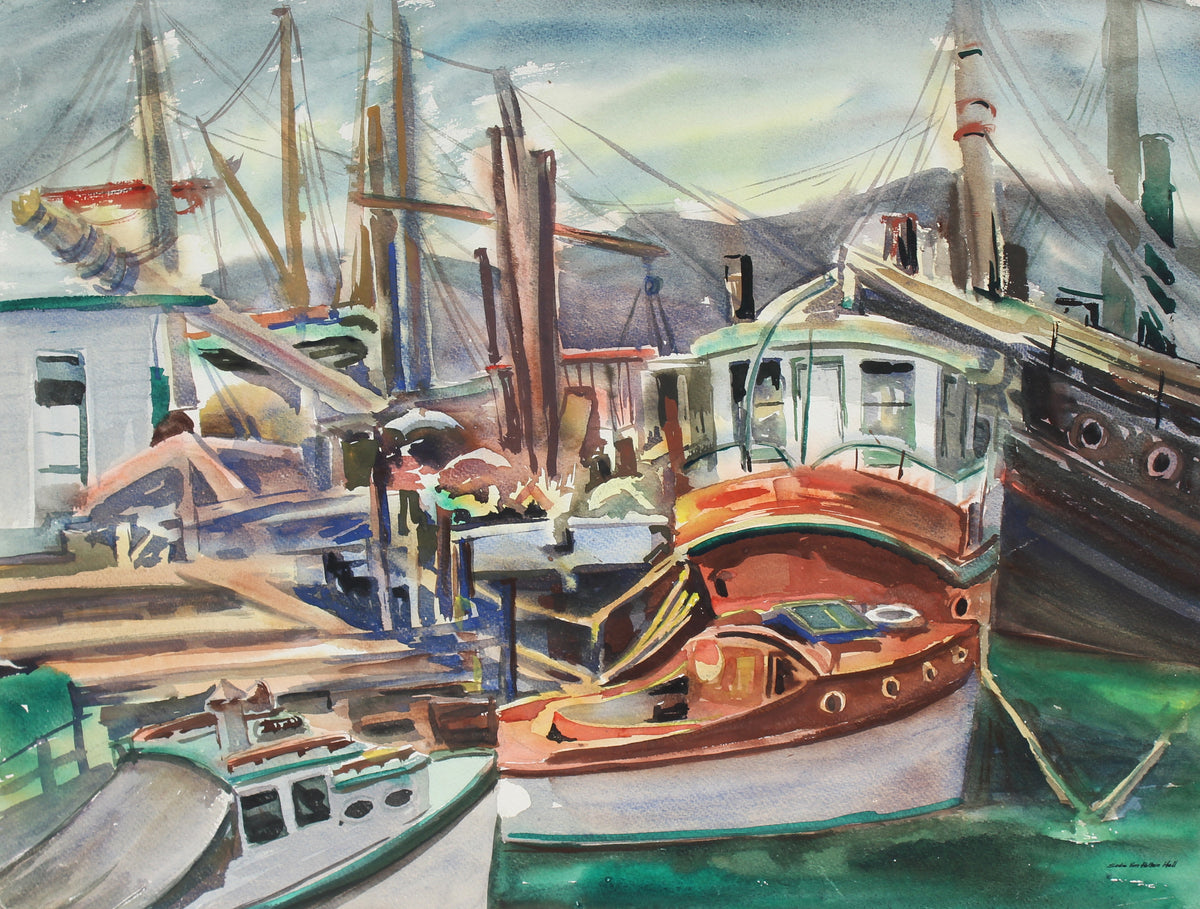 Boats at Harbor&lt;br&gt;1960s Watercolor&lt;br&gt;&lt;br&gt;#92590