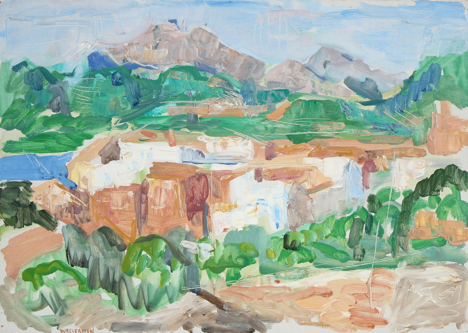 Abstracted Coastal European Village Scene<br>1950s Oil<br><br>#92886