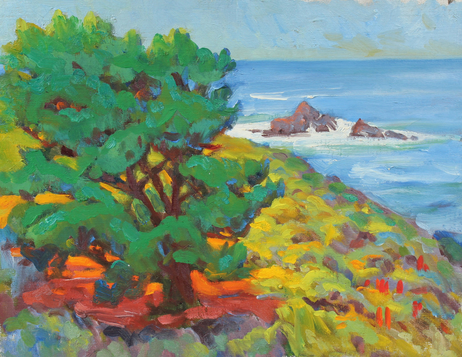 Colorful Coastal Landscape <br>Mid-Late 20th Century Oil<br><br>#93511