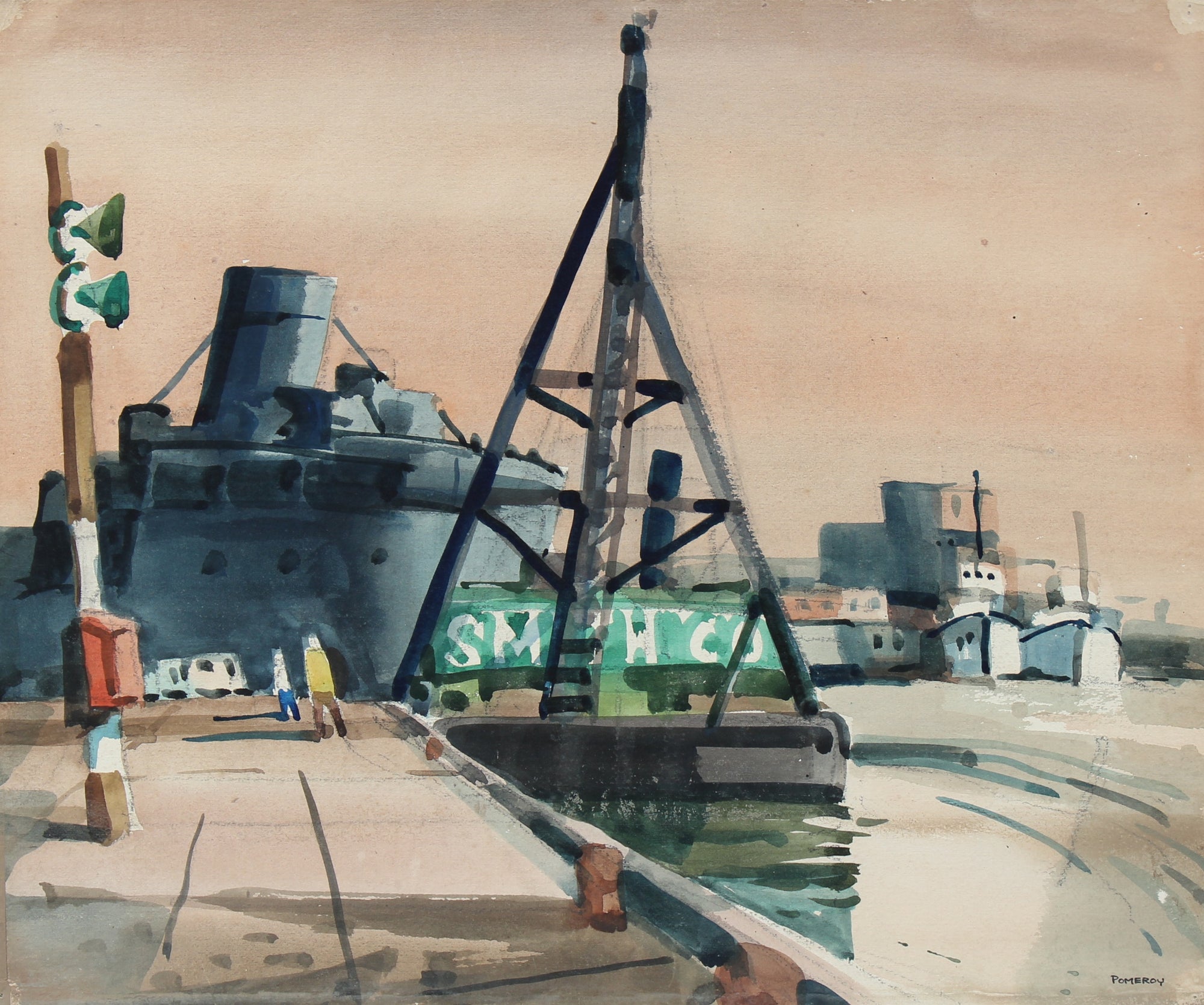 Industrial Harbor Watercolor Scene<br>Mid - Late 20th Century<br><br>#93532