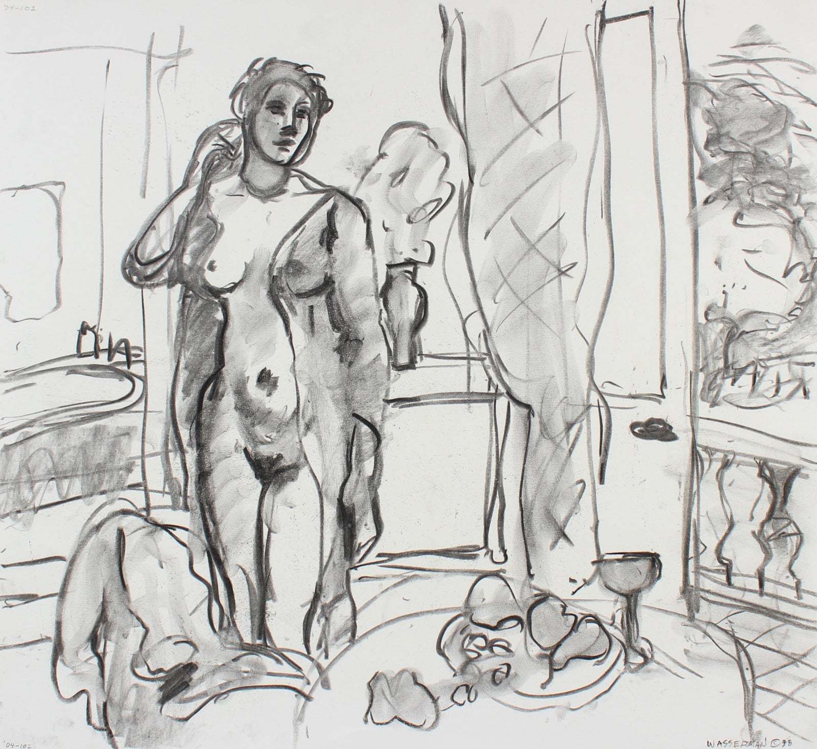 Interior Nude Figure Scene <br>Late 20th Century Charcoal <br><br>#93586