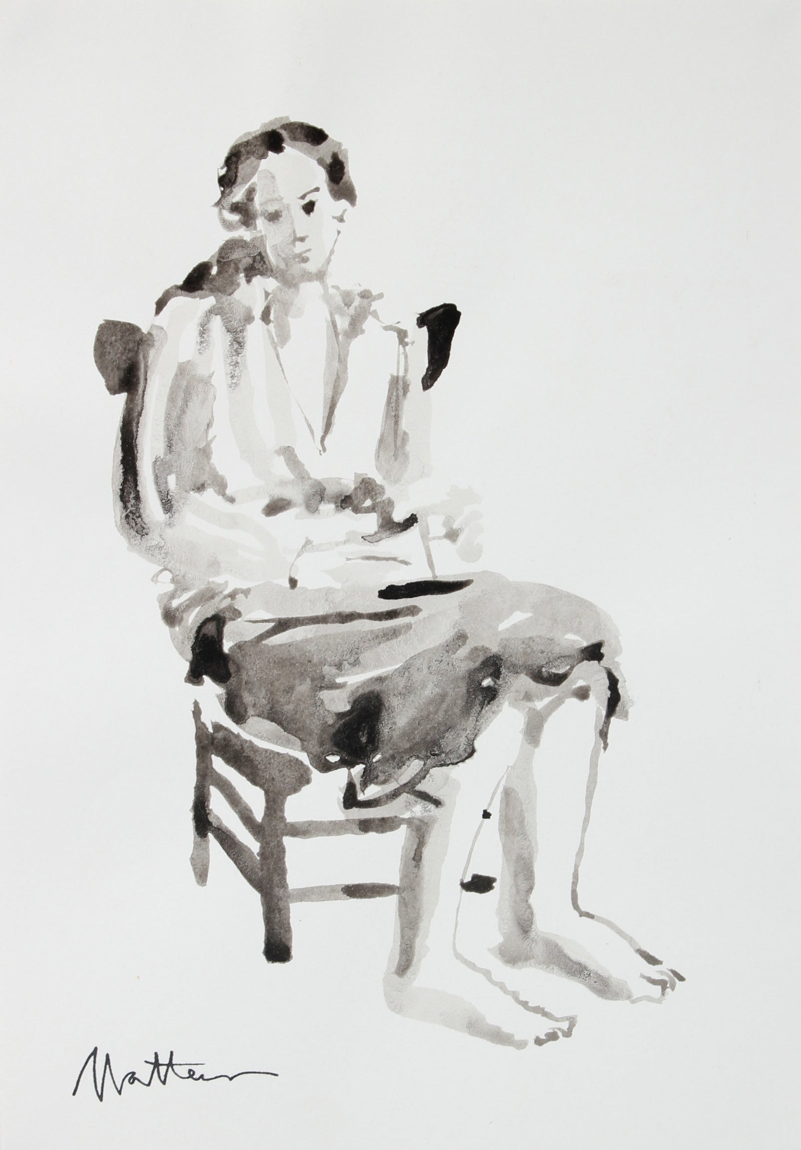 Seated Barefoot Woman<br>20th Century Ink Wash <br><br>#93732
