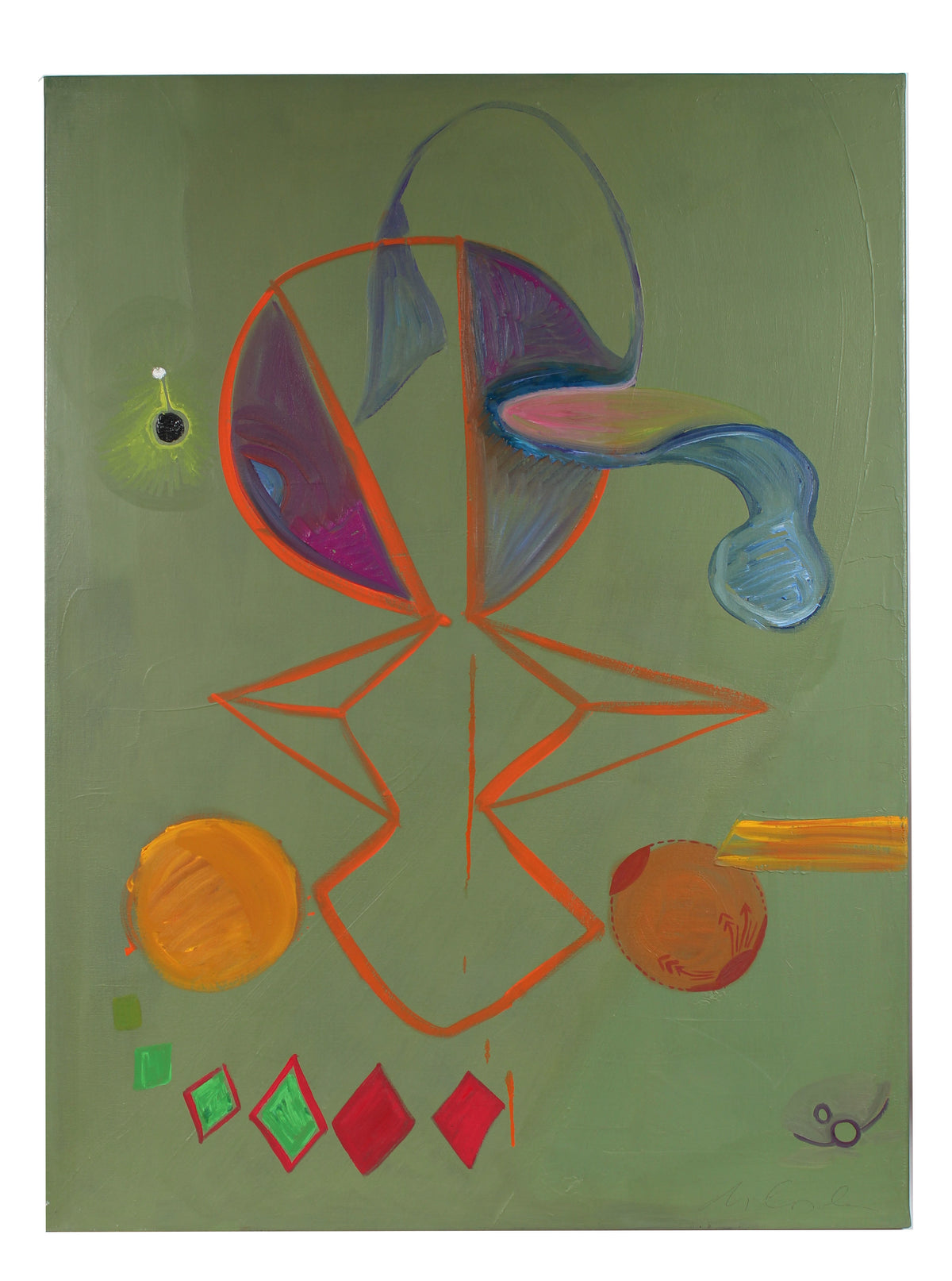 Modernist Surreal Sage Green Abstract&lt;br&gt;1971 Oil&lt;br&gt;&lt;br&gt;#93878