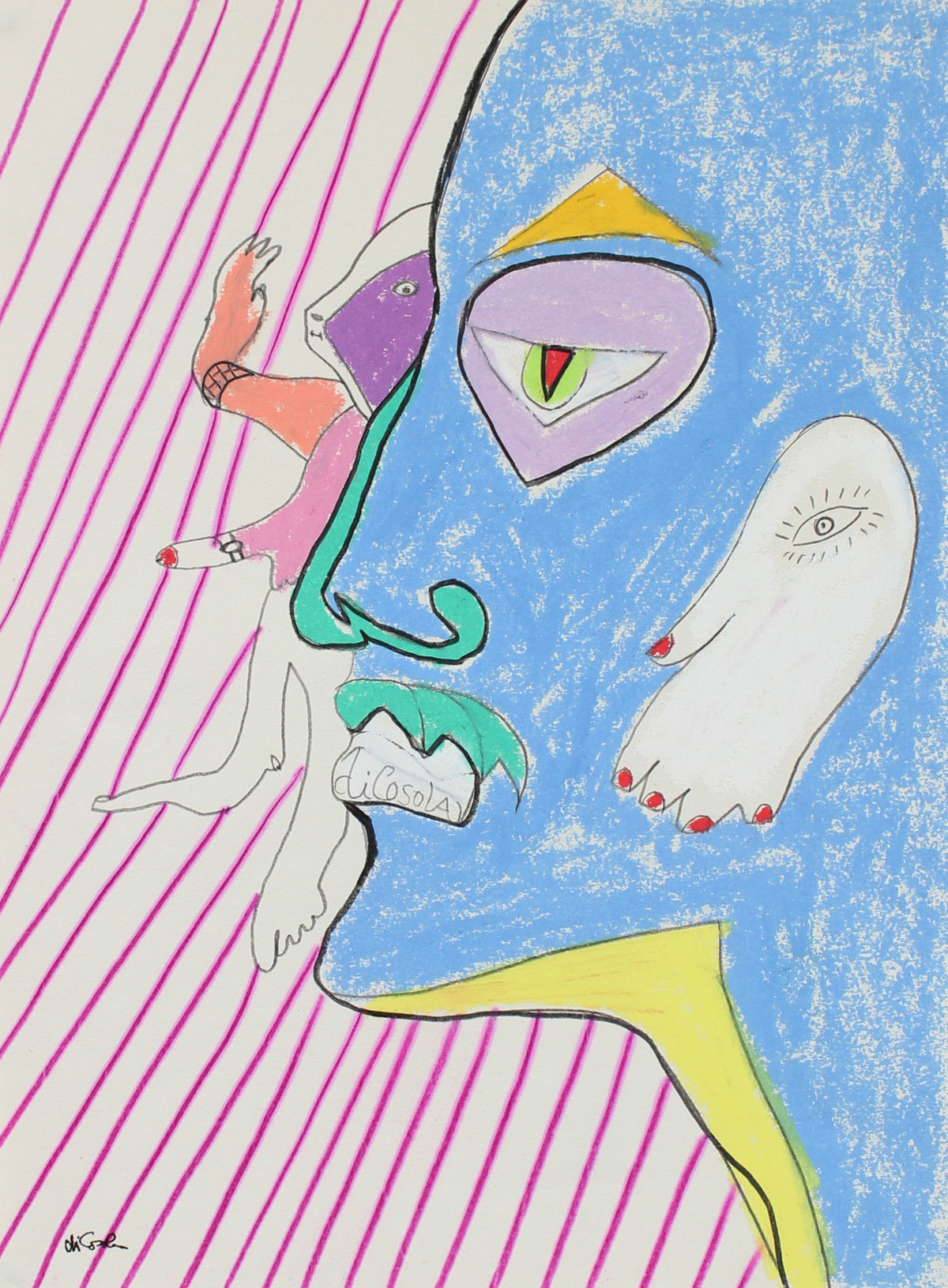 Abstract Portrait of Blue Man &lt;br&gt;20th Century Graphite &amp; Pastel &lt;br&gt;&lt;br&gt;#94072