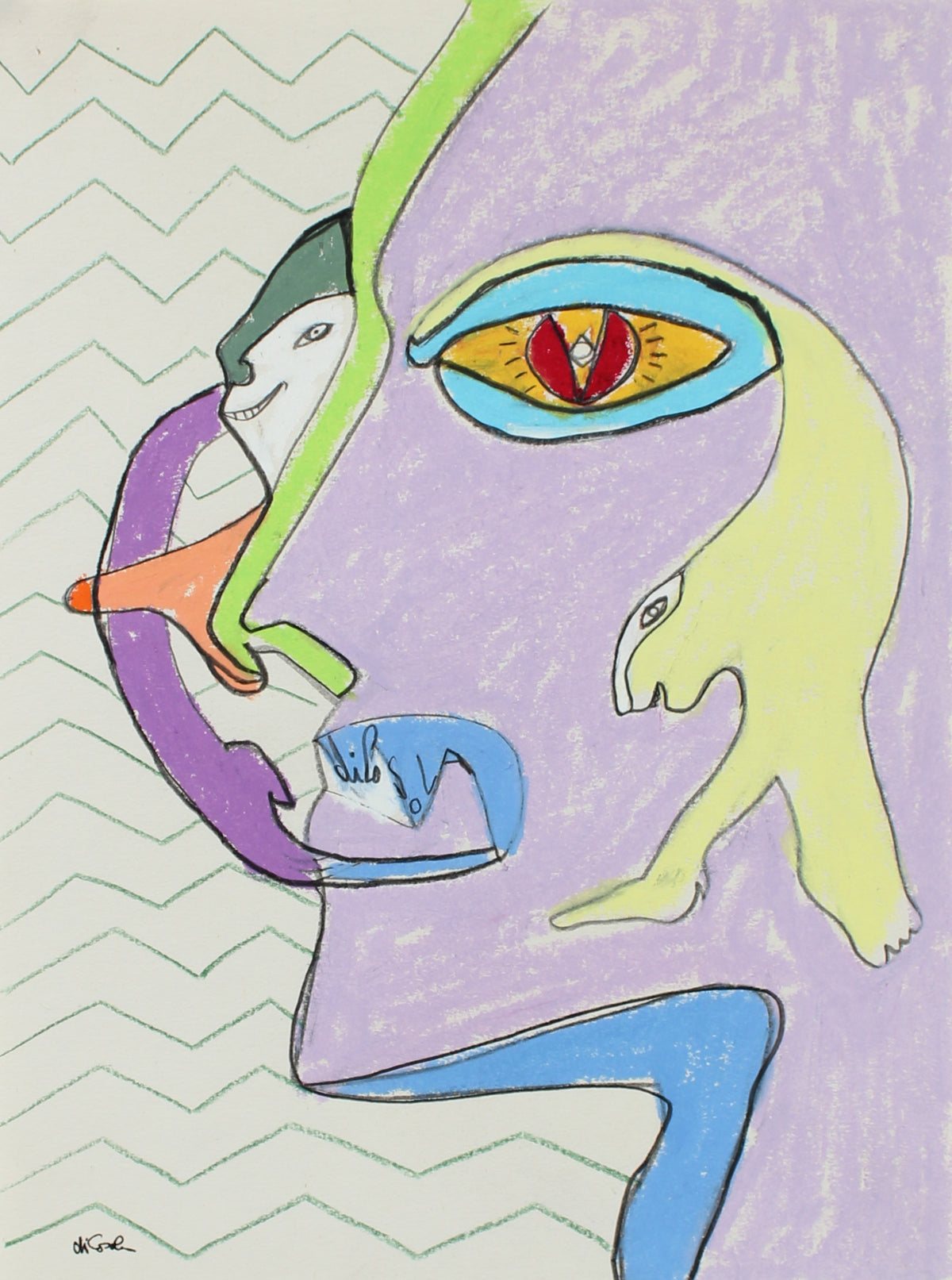 Purple Abstracted Portrait Drawing &lt;br&gt;20th Century Graphite &amp; Pastel &lt;br&gt;&lt;br&gt;#94074