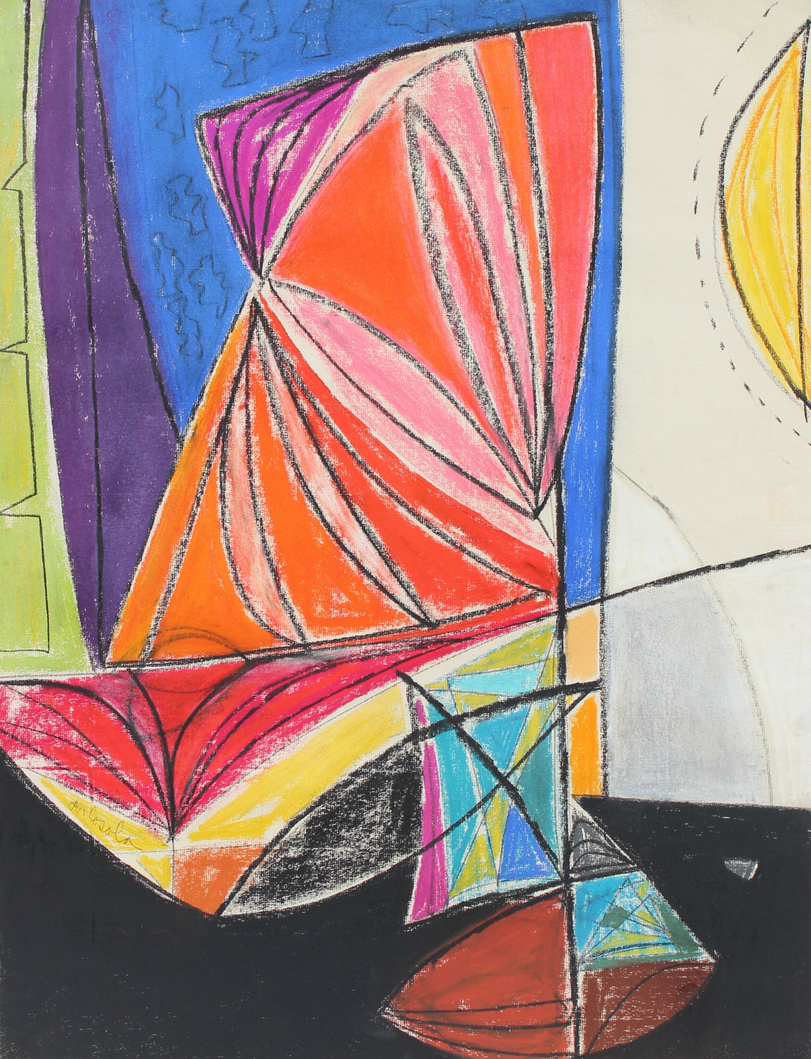 Bright Colorful Modernist Abstract <br> Late 20th Century Graphite & Oil Pastel <br><br>#94150