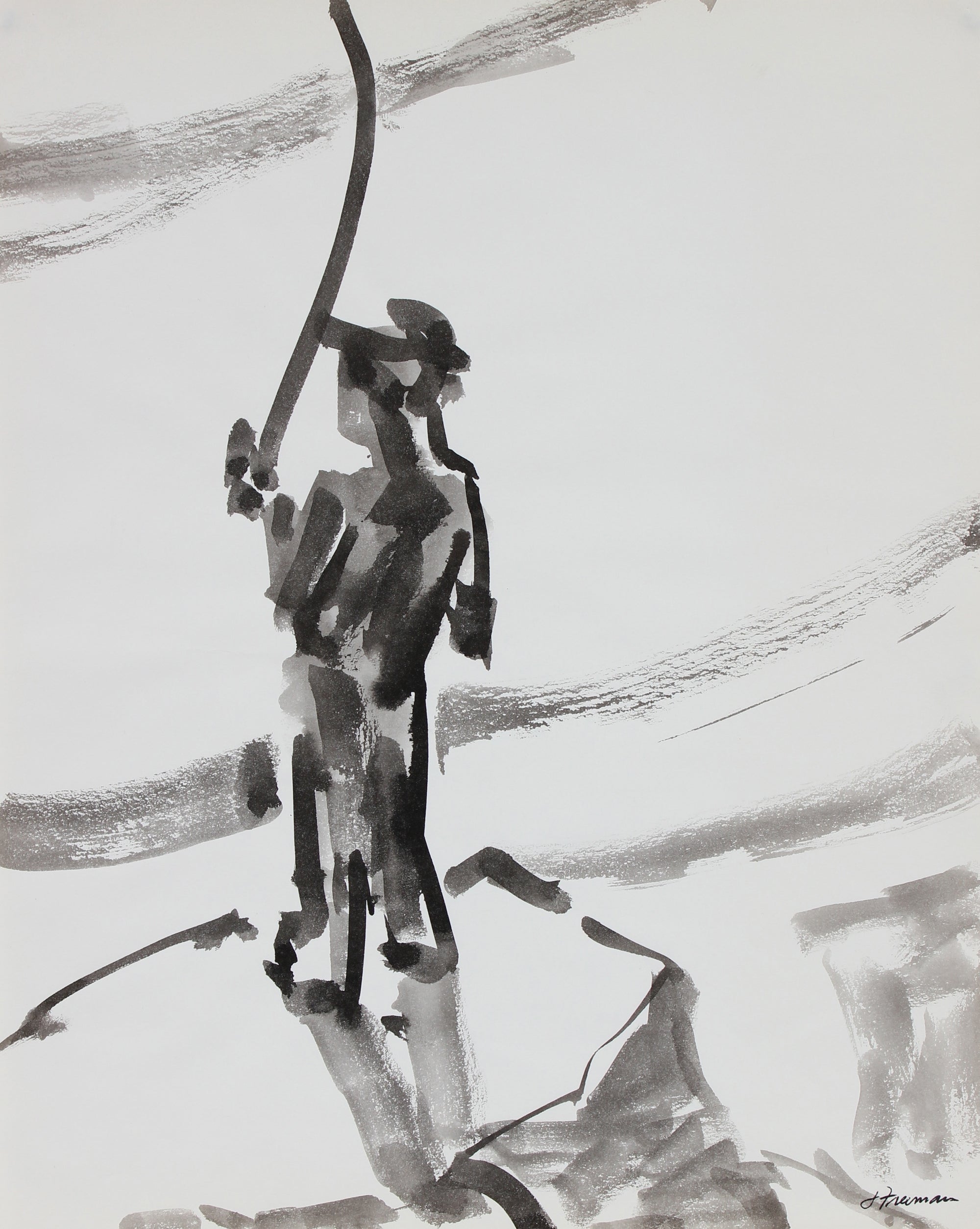 Modernist Figure Fishing <br>1976 Ink Wash<br><br>#94980
