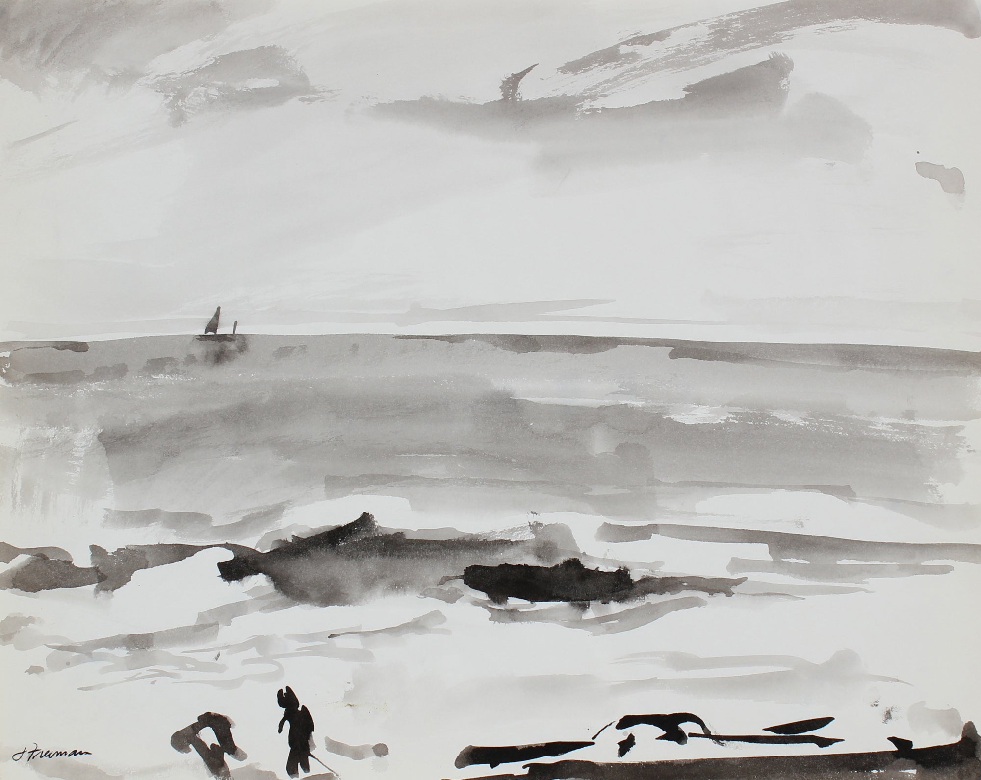 Black and White Surf Scene<br>1976 Ink Wash <br><br>#94986