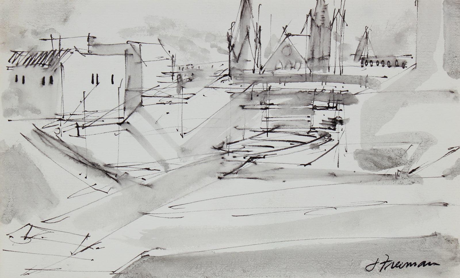 Cityscape Sketch <br>1976 Ink Wash <br><br>#95004