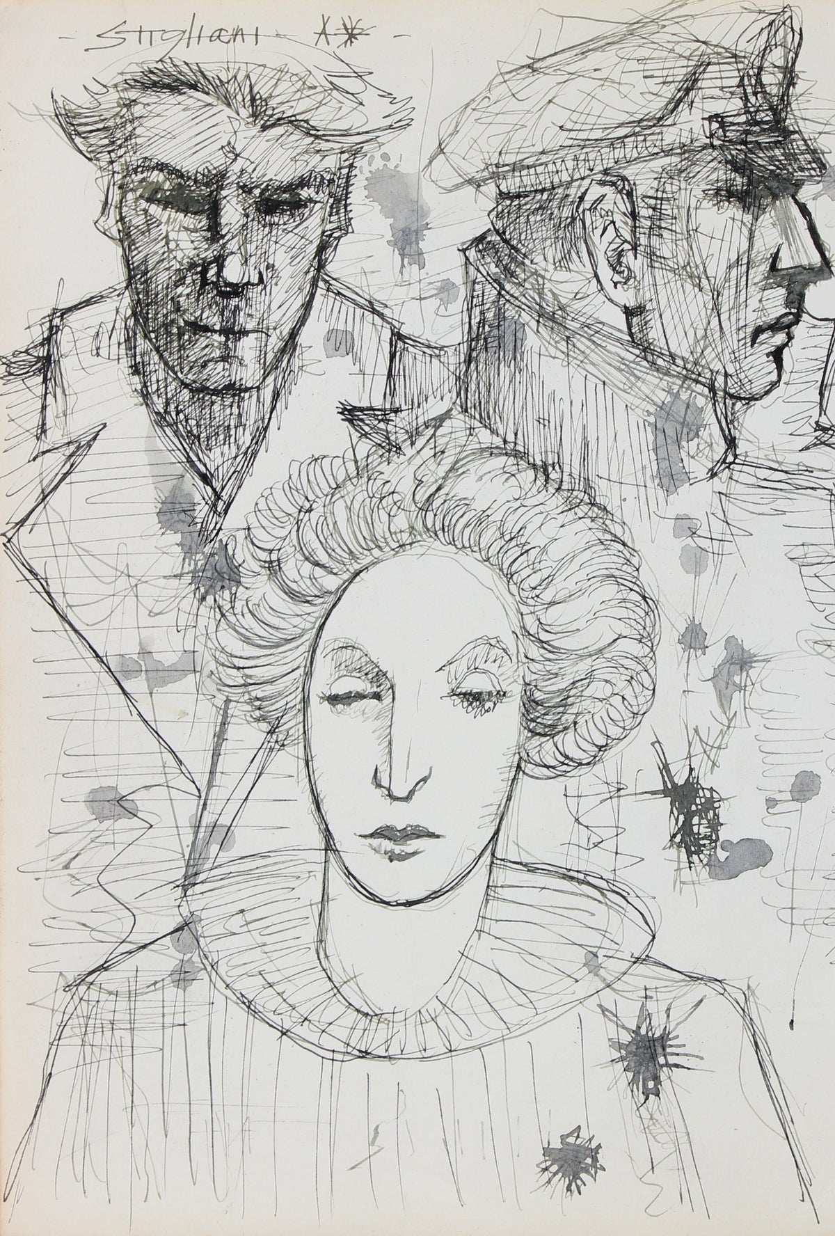 Portrait Drawing of Three Heads &lt;br&gt;Late 20th Century Ink &lt;br&gt;&lt;br&gt;#95049