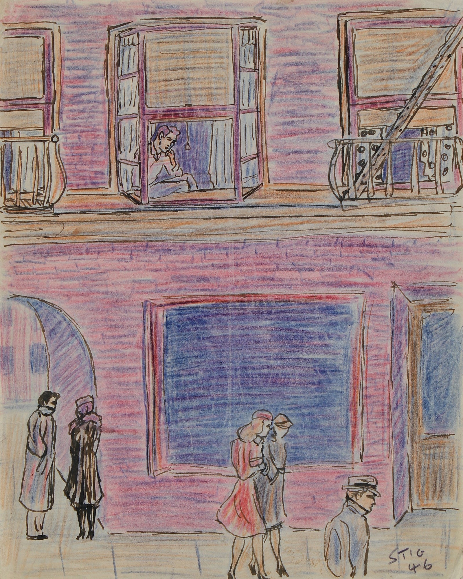 New York City People Scene <br>1946 Ink & Colored Pencil <br><br>#95079