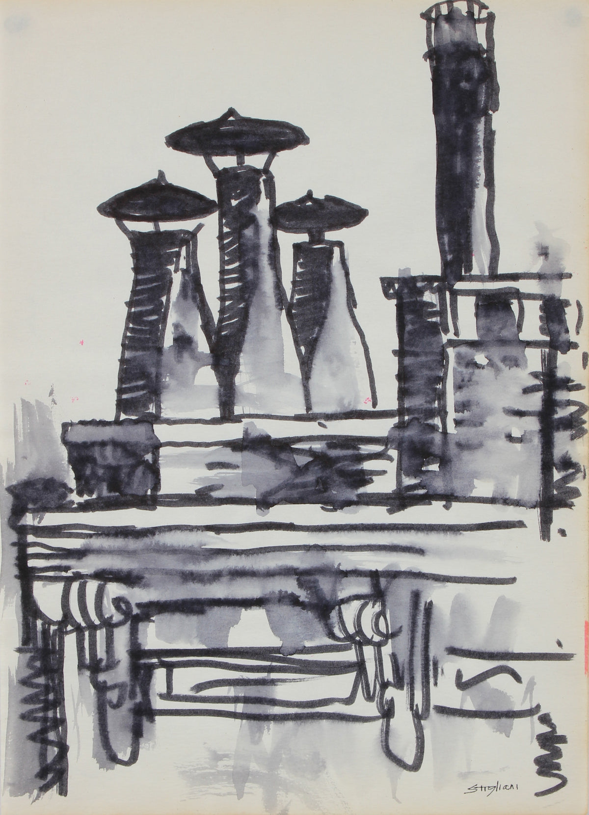 Modernist Urban Scene &lt;br&gt;Mid-Late 20th Century Ink on Paper &lt;br&gt;&lt;br&gt;#95082