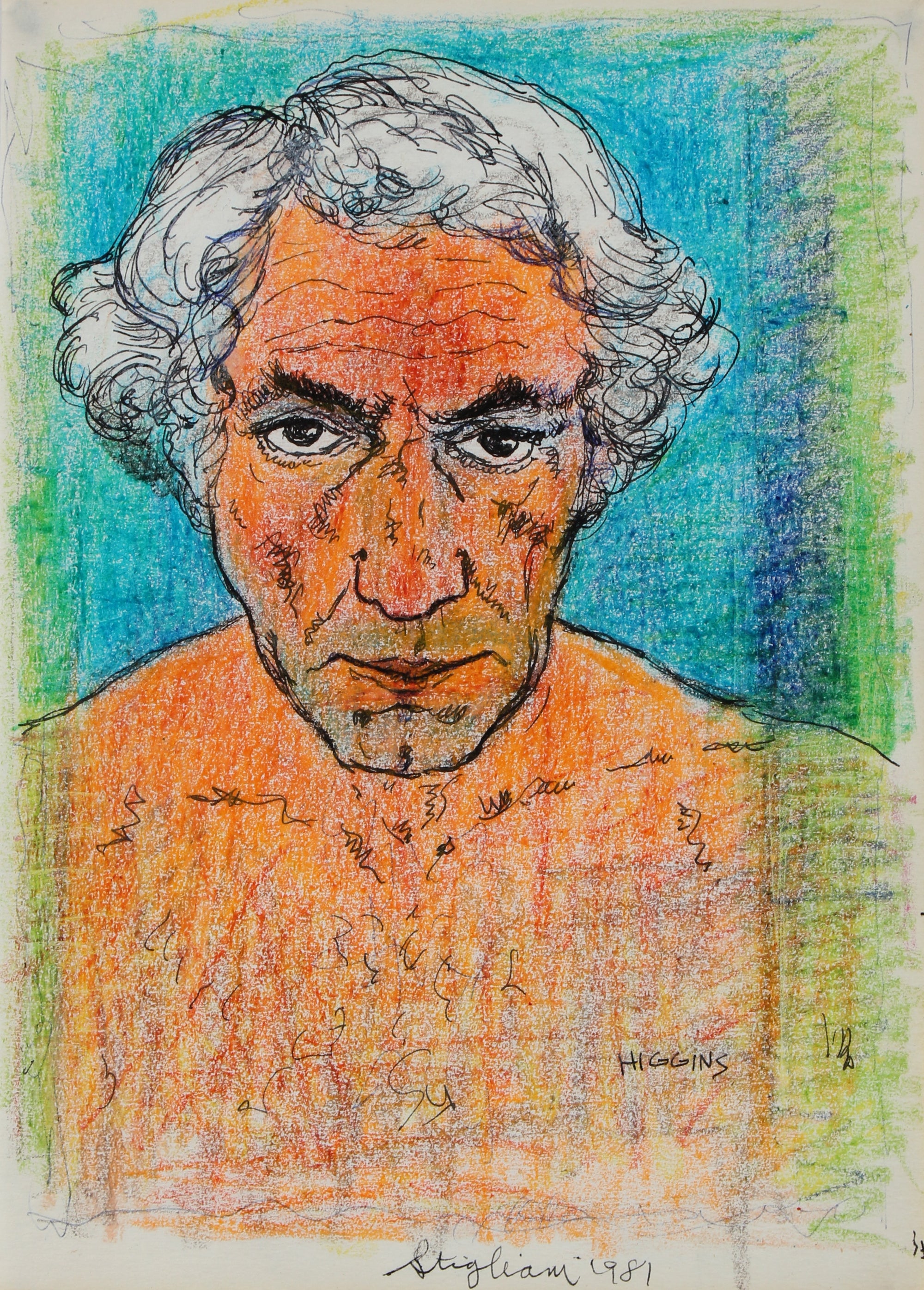 Gazing Modernist Portrait<br>1981 Wax Crayon on Paper<br><br>#95088