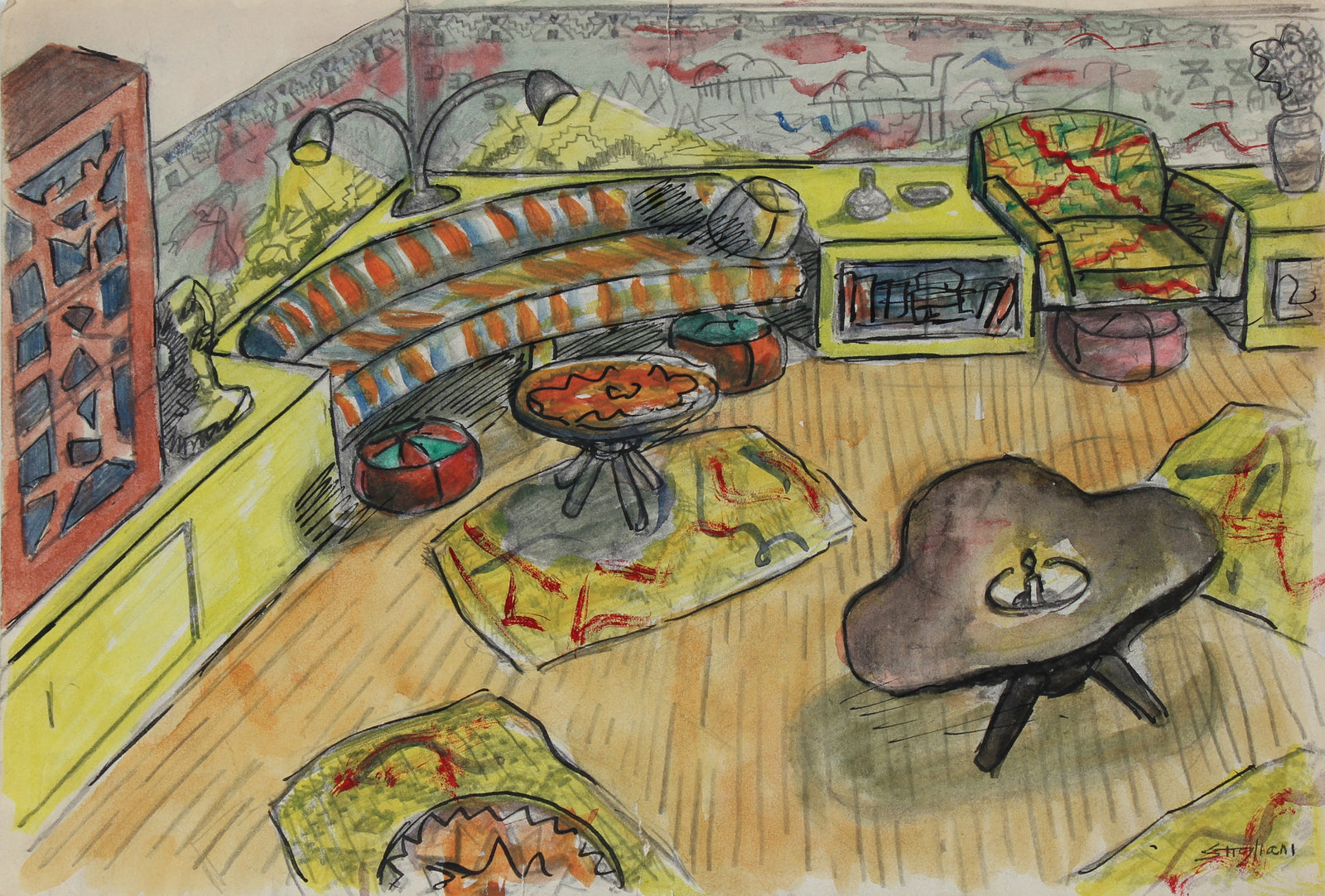 Quiet Watercolor Interior Scene<br>Mid-Late Century<br><br>#95094