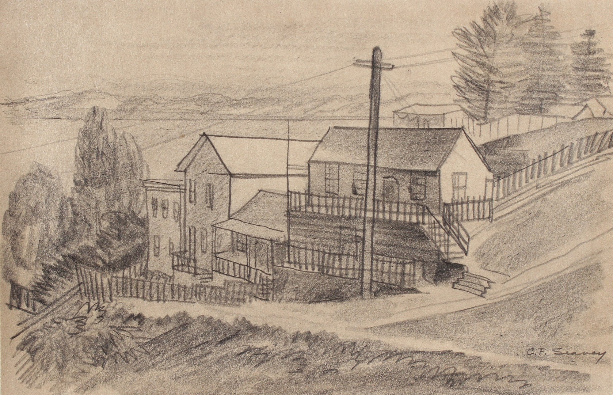 Idyllic Landscape Sketch with Rolling Hills <br>1938-40 Graphite <br><br>#9538